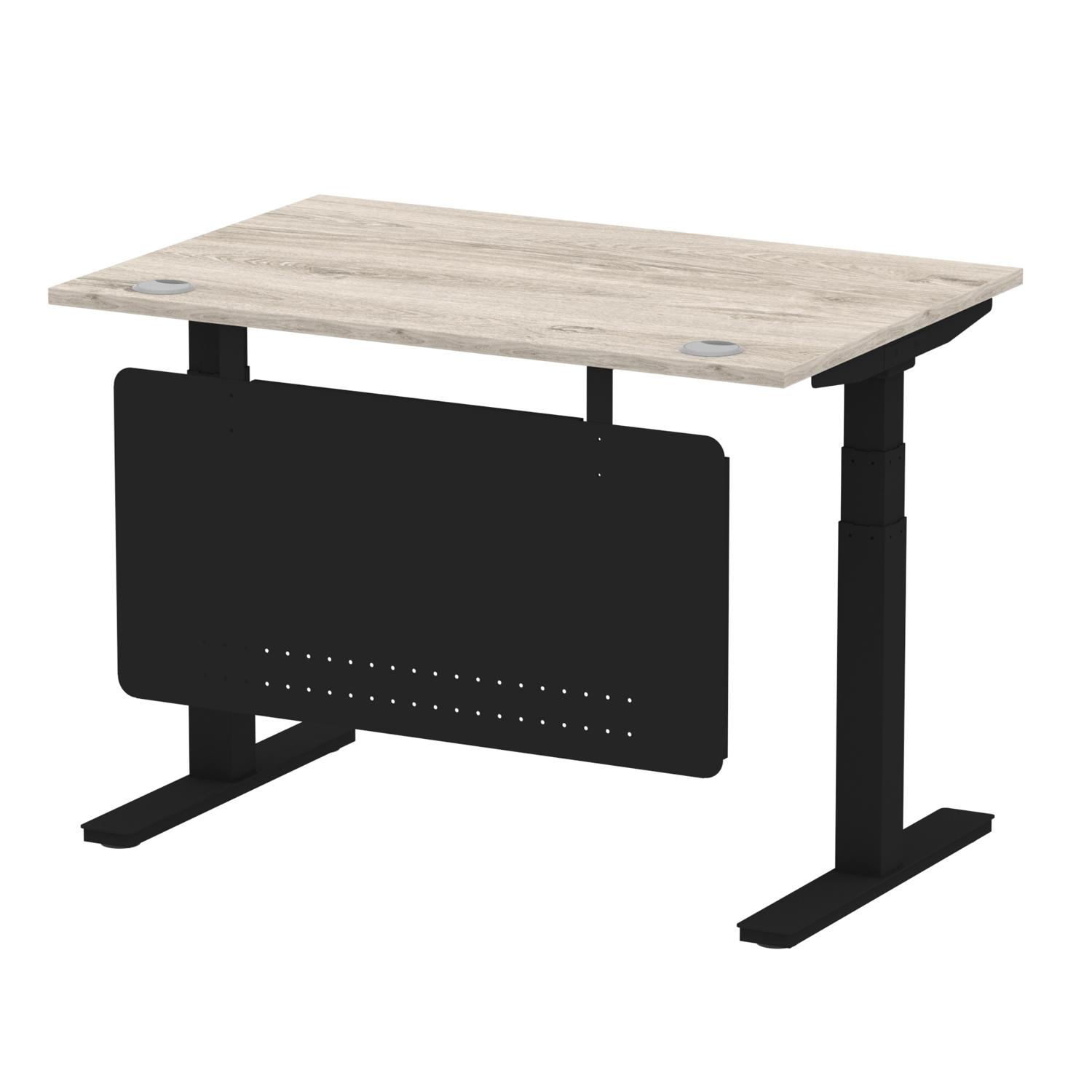 Air Modesty 1200 x 800mm Height Adjustable Office Desk Grey Oak Top Cable Ports Black Leg With Black Steel Modesty Panel