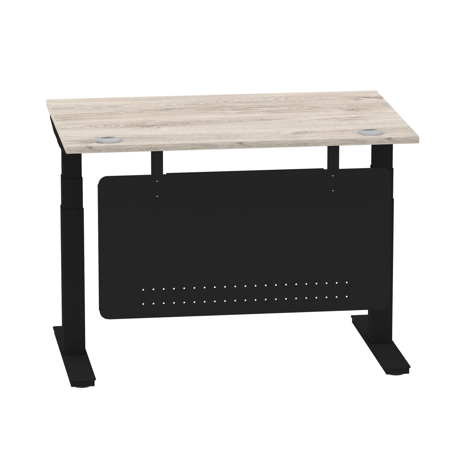 Air Modesty 1200 x 800mm Height Adjustable Office Desk Grey Oak Top Cable Ports Black Leg With Black Steel Modesty Panel