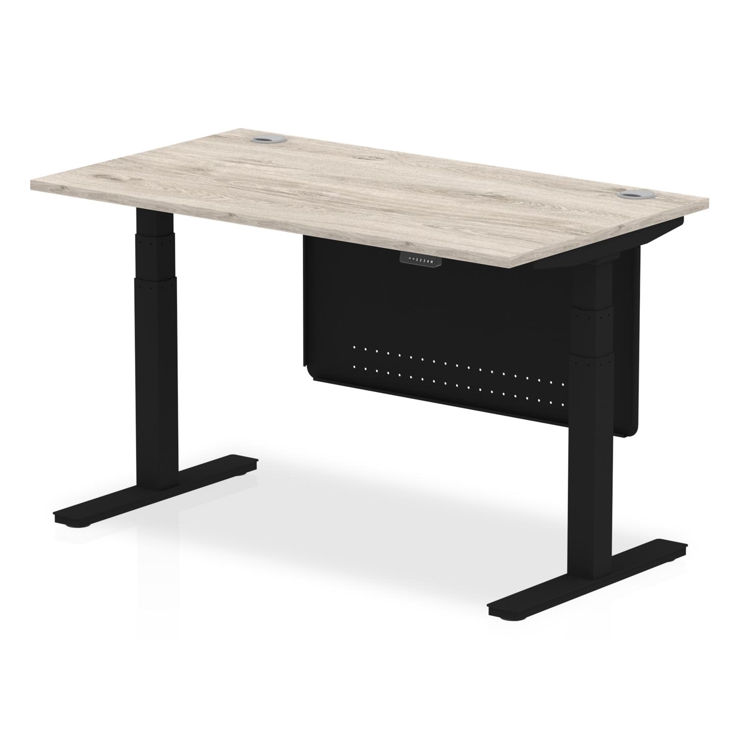 Air Modesty 1400 x 800mm Height Adjustable Office Desk Grey Oak Top Cable Ports Black Leg With Black Steel Modesty Panel