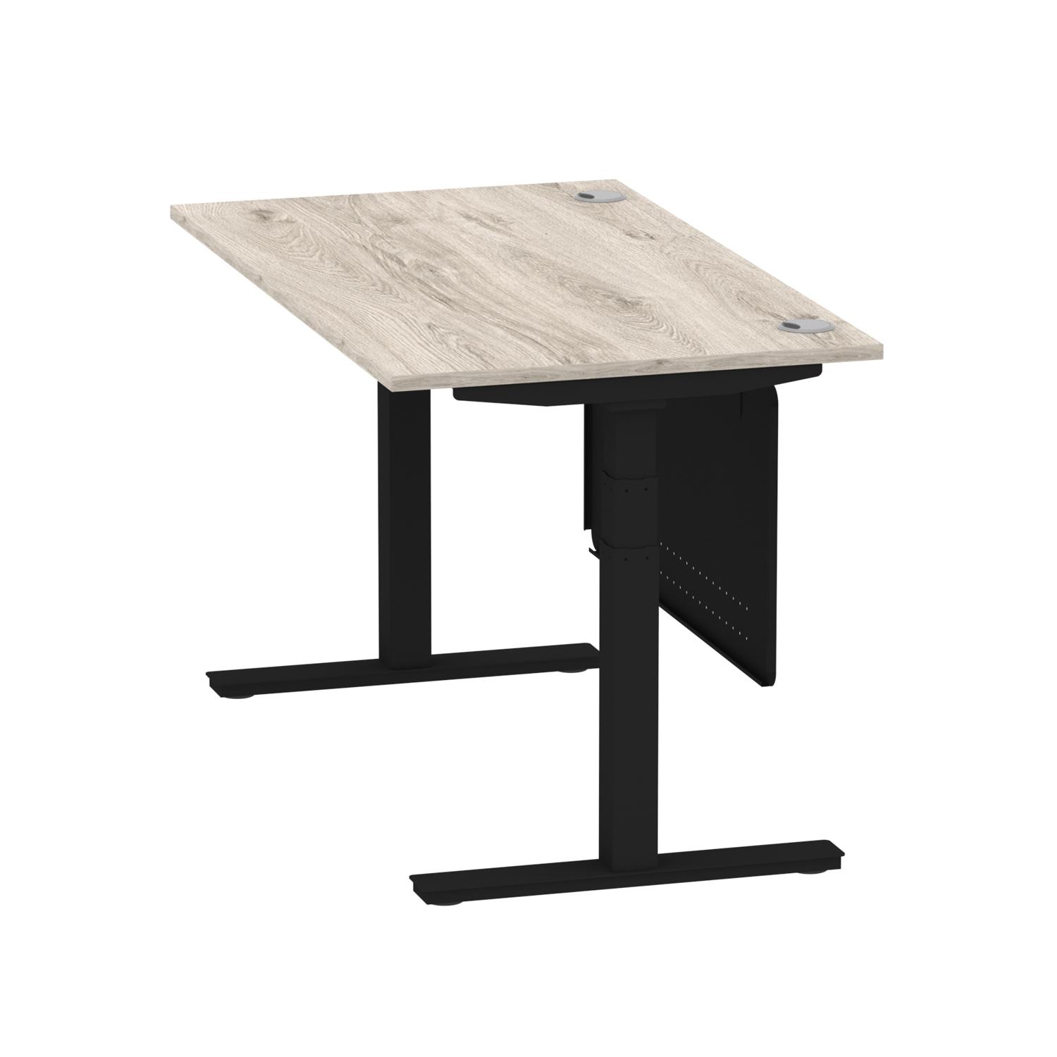 Air Modesty 1400 x 800mm Height Adjustable Office Desk Grey Oak Top Cable Ports Black Leg With Black Steel Modesty Panel