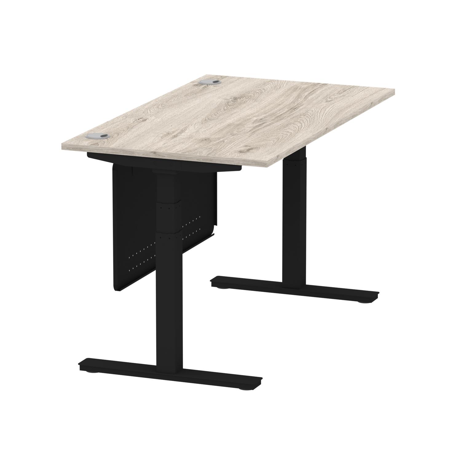 Air Modesty 1400 x 800mm Height Adjustable Office Desk Grey Oak Top Cable Ports Black Leg With Black Steel Modesty Panel