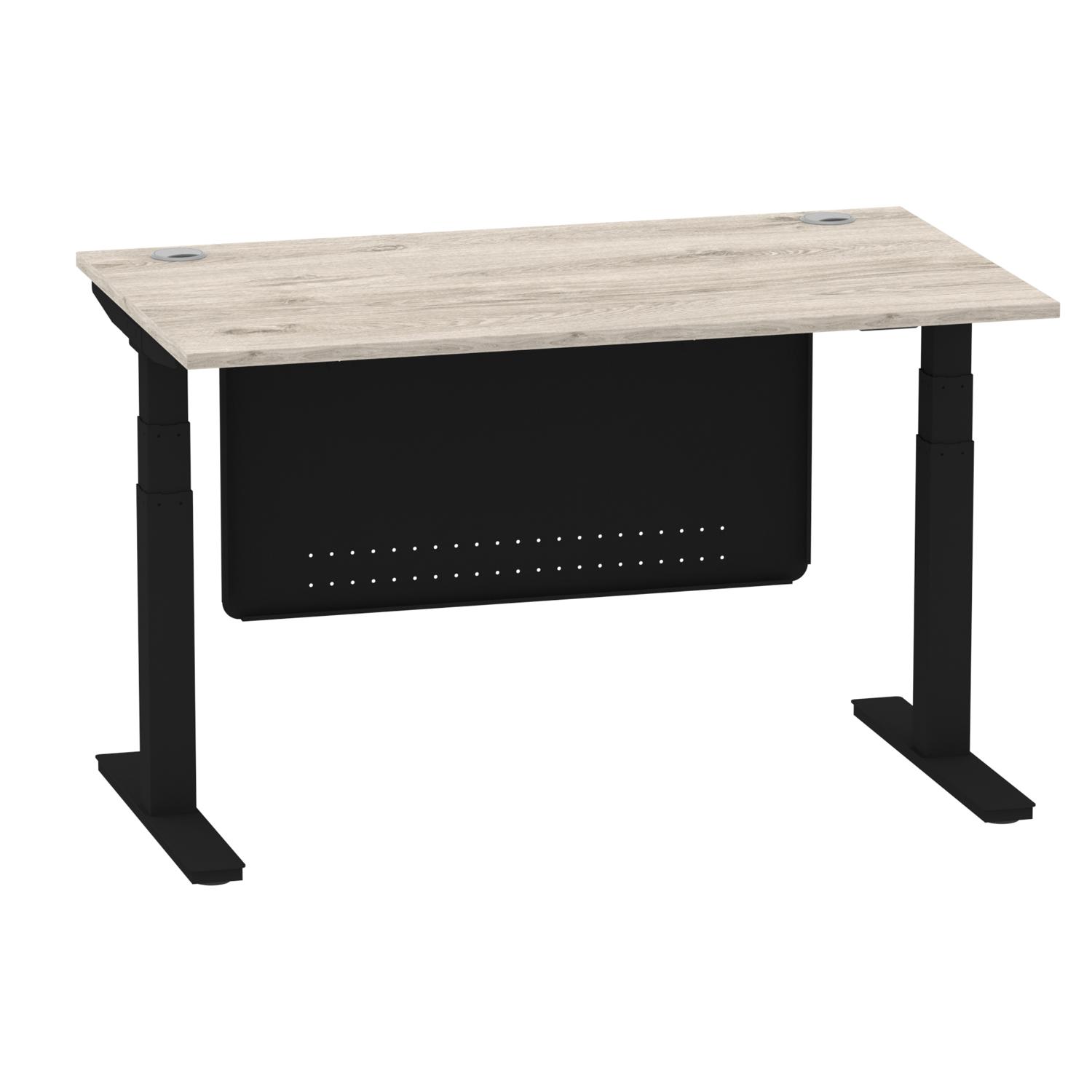 Air Modesty 1400 x 800mm Height Adjustable Office Desk Grey Oak Top Cable Ports Black Leg With Black Steel Modesty Panel