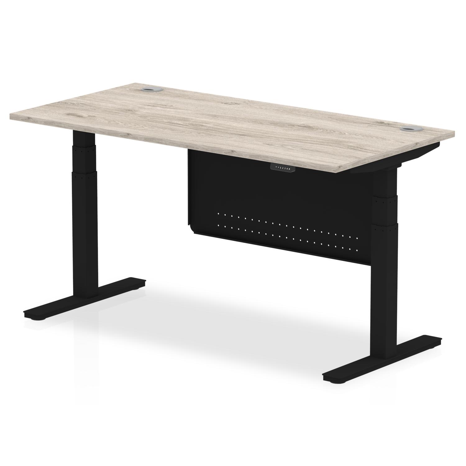 Air Modesty 1600 x 800mm Height Adjustable Office Desk Grey Oak Top Cable Ports Black Leg With Black Steel Modesty Panel
