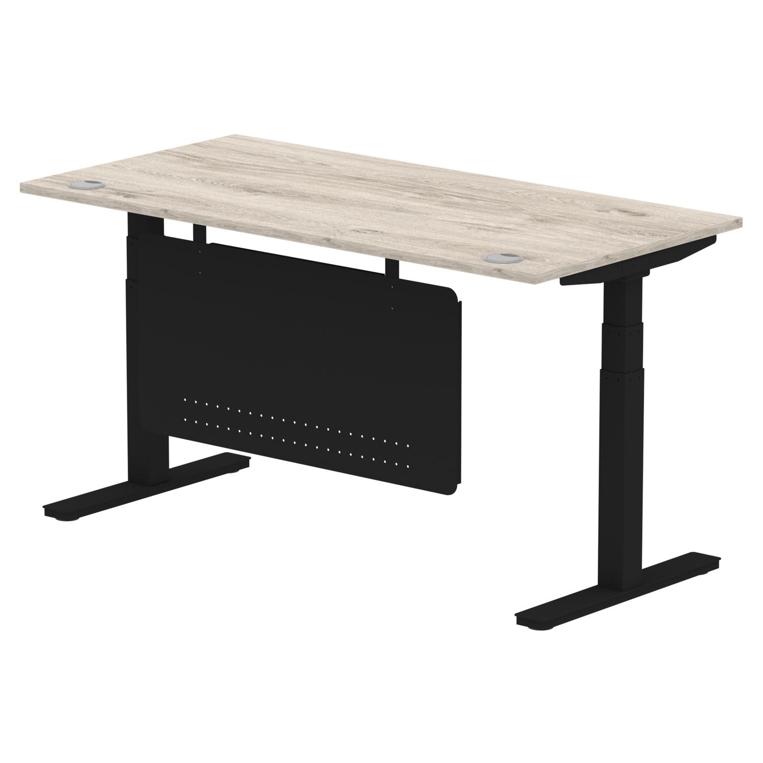 Air Modesty 1600 x 800mm Height Adjustable Office Desk Grey Oak Top Cable Ports Black Leg With Black Steel Modesty Panel