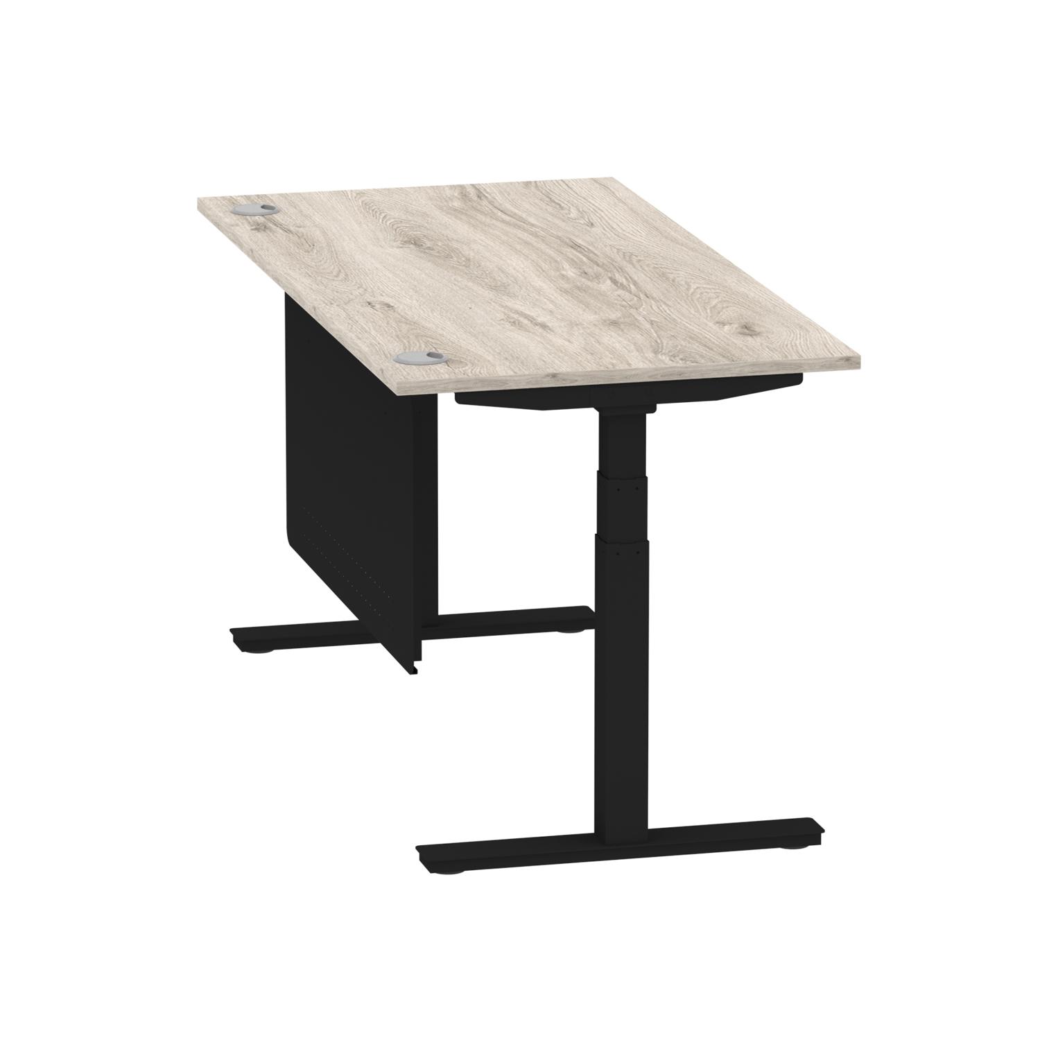 Air Modesty 1600 x 800mm Height Adjustable Office Desk Grey Oak Top Cable Ports Black Leg With Black Steel Modesty Panel