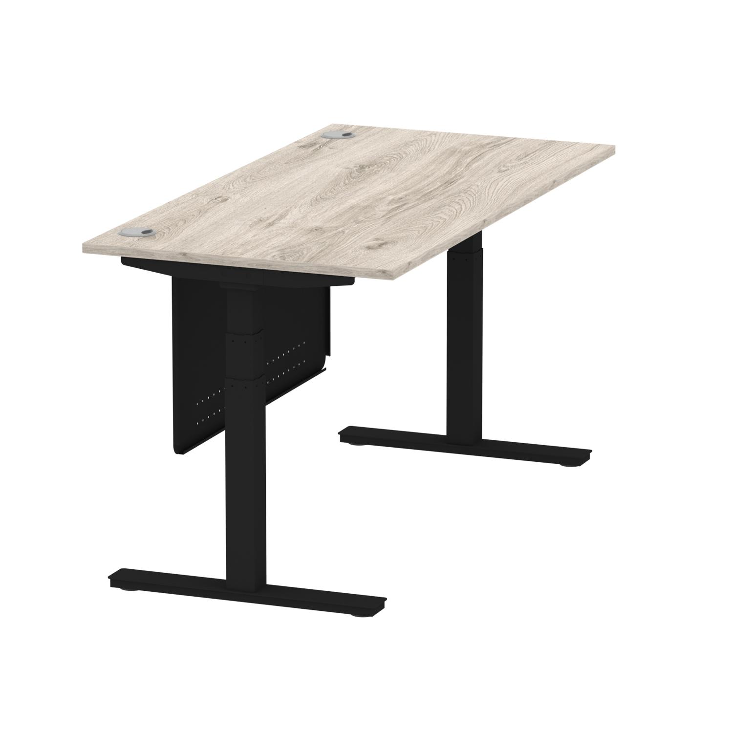 Air Modesty 1600 x 800mm Height Adjustable Office Desk Grey Oak Top Cable Ports Black Leg With Black Steel Modesty Panel