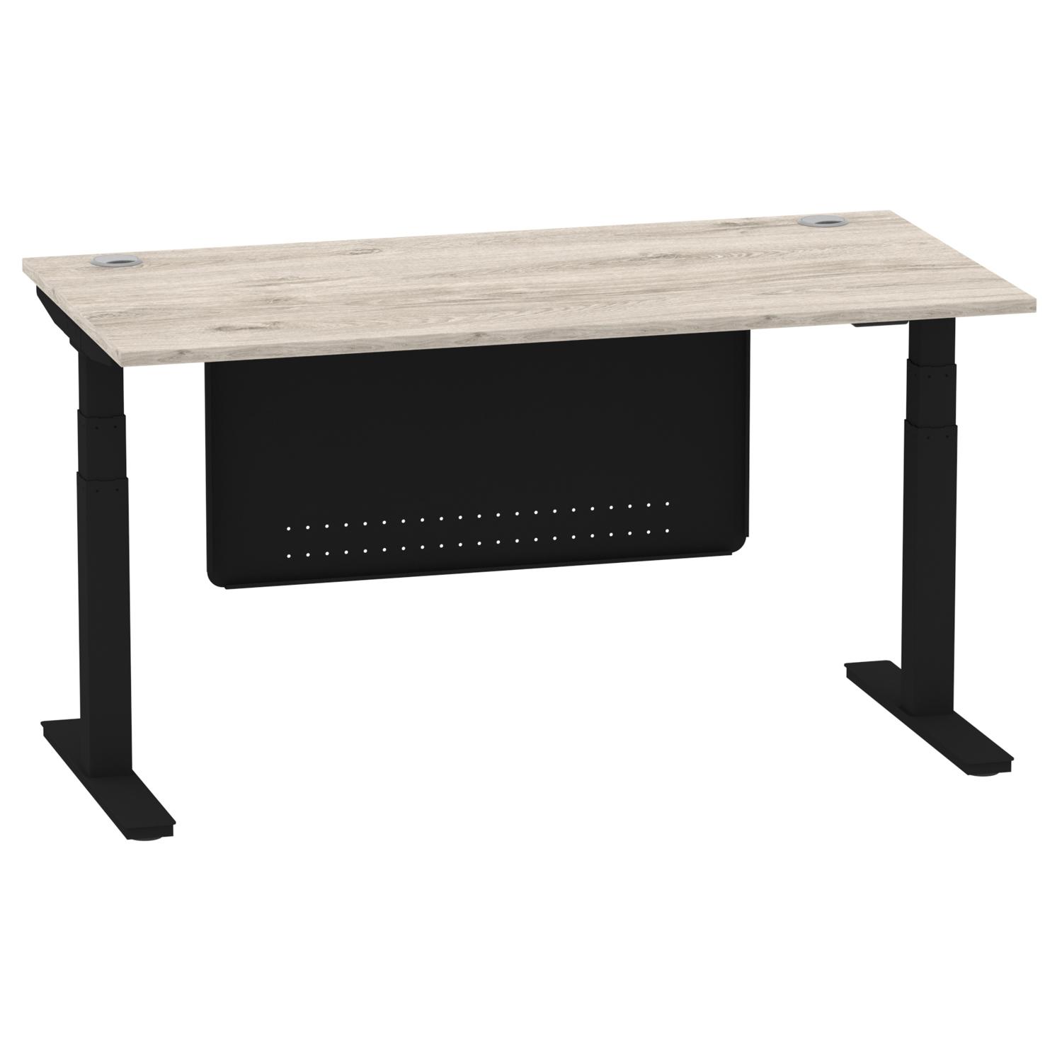 Air Modesty 1600 x 800mm Height Adjustable Office Desk Grey Oak Top Cable Ports Black Leg With Black Steel Modesty Panel