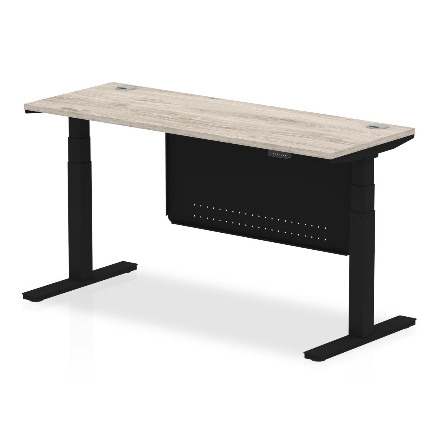 Air Modesty 1600 x 600mm Height Adjustable Office Desk Grey Oak Top Cable Ports Black Leg With Black Steel Modesty Panel