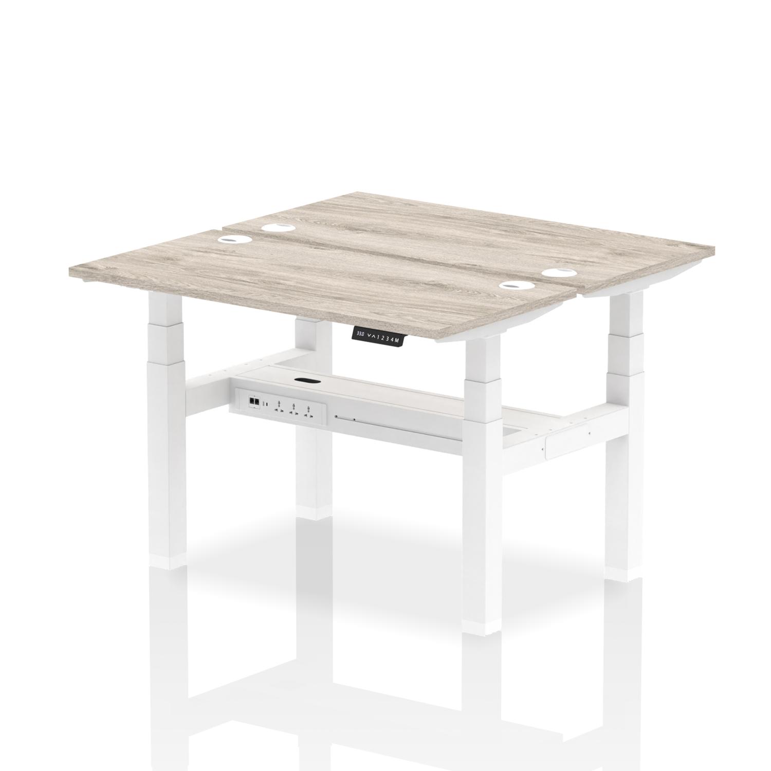 Air Back-to-Back 1200 x 600mm Height Adjustable 2 Person Office Bench Desk Grey Oak Top with Cable Ports White Frame
