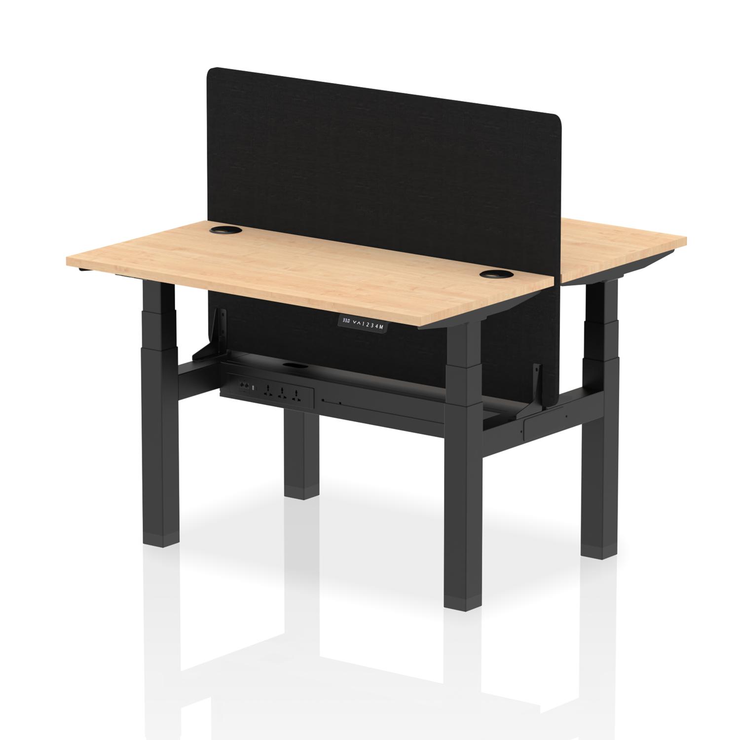 Air Back-to-Back 1200 x 600mm Height Adjustable 2 Person Office Bench Desk Maple Top with Cable Ports Black Frame with Black Straight Screen