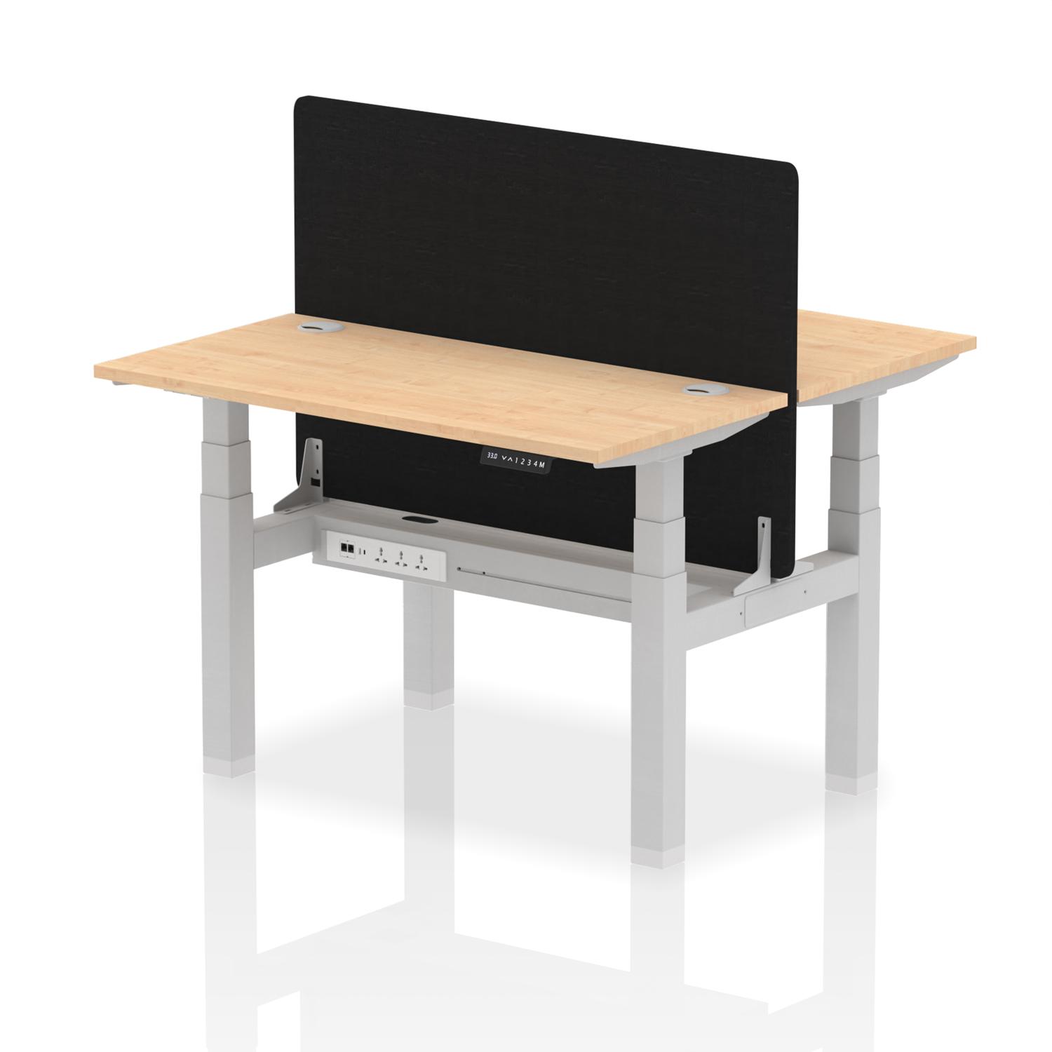 Air Back-to-Back 1200 x 600mm Height Adjustable 2 Person Office Bench Desk Maple Top with Cable Ports Silver Frame with Black Straight Screen