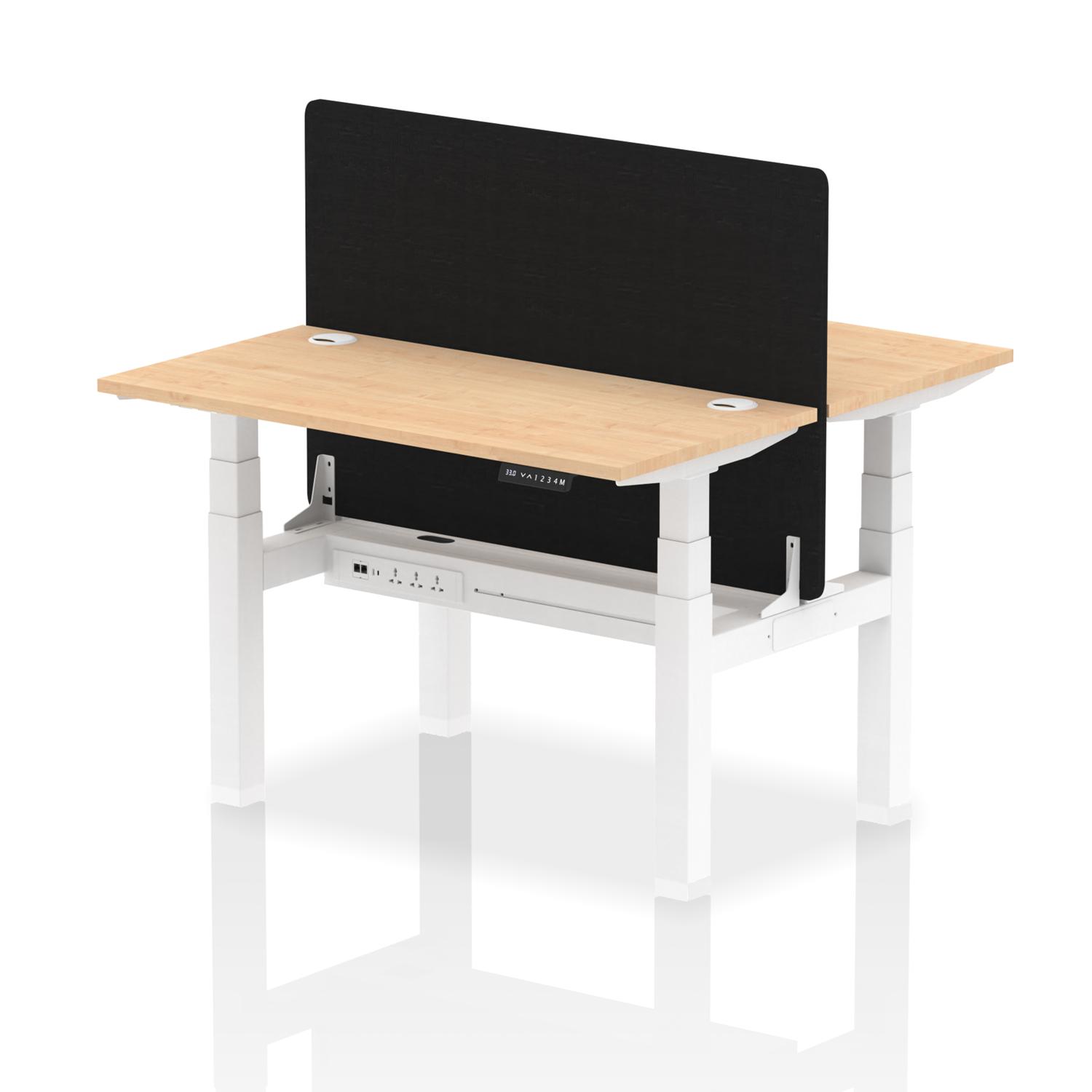 Air Back-to-Back 1200 x 600mm Height Adjustable 2 Person Office Bench Desk Maple Top with Cable Ports White Frame with Black Straight Screen