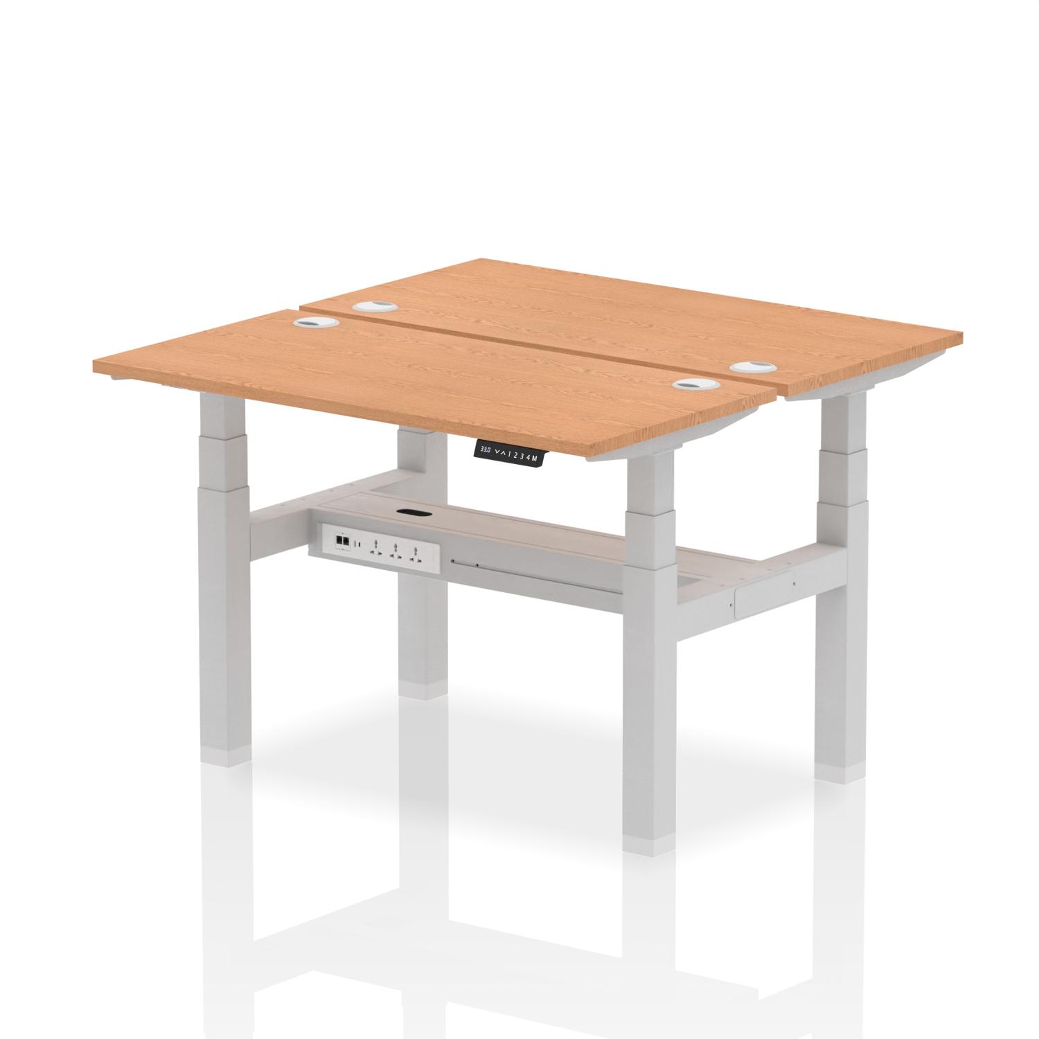 Air Back-to-Back 1200 x 600mm Height Adjustable 2 Person Office Bench Desk Oak Top with Cable Ports Silver Frame