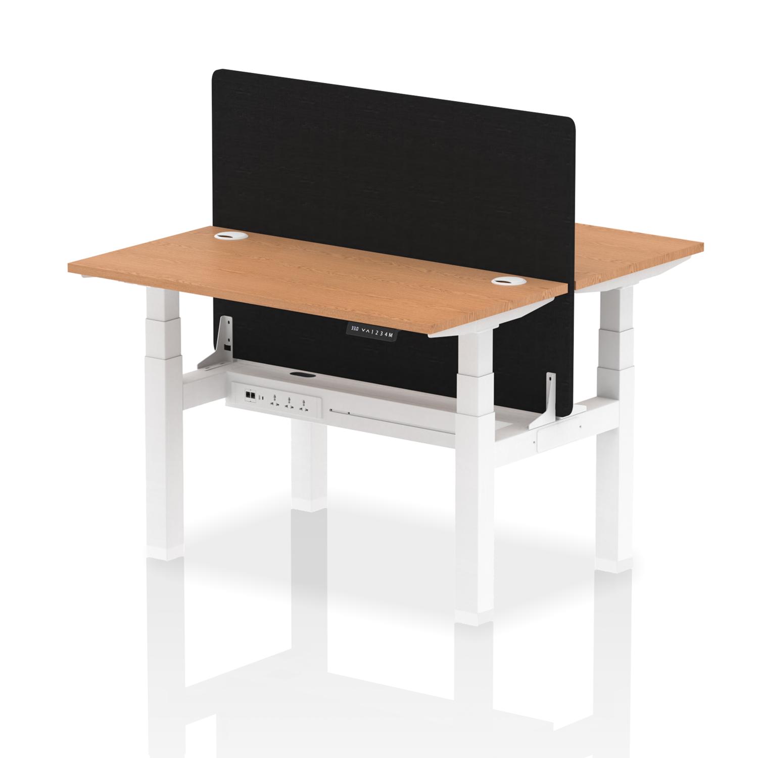 Air Back-to-Back 1200 x 600mm Height Adjustable 2 Person Office Bench Desk Oak Top with Cable Ports White Frame with Black Straight Screen