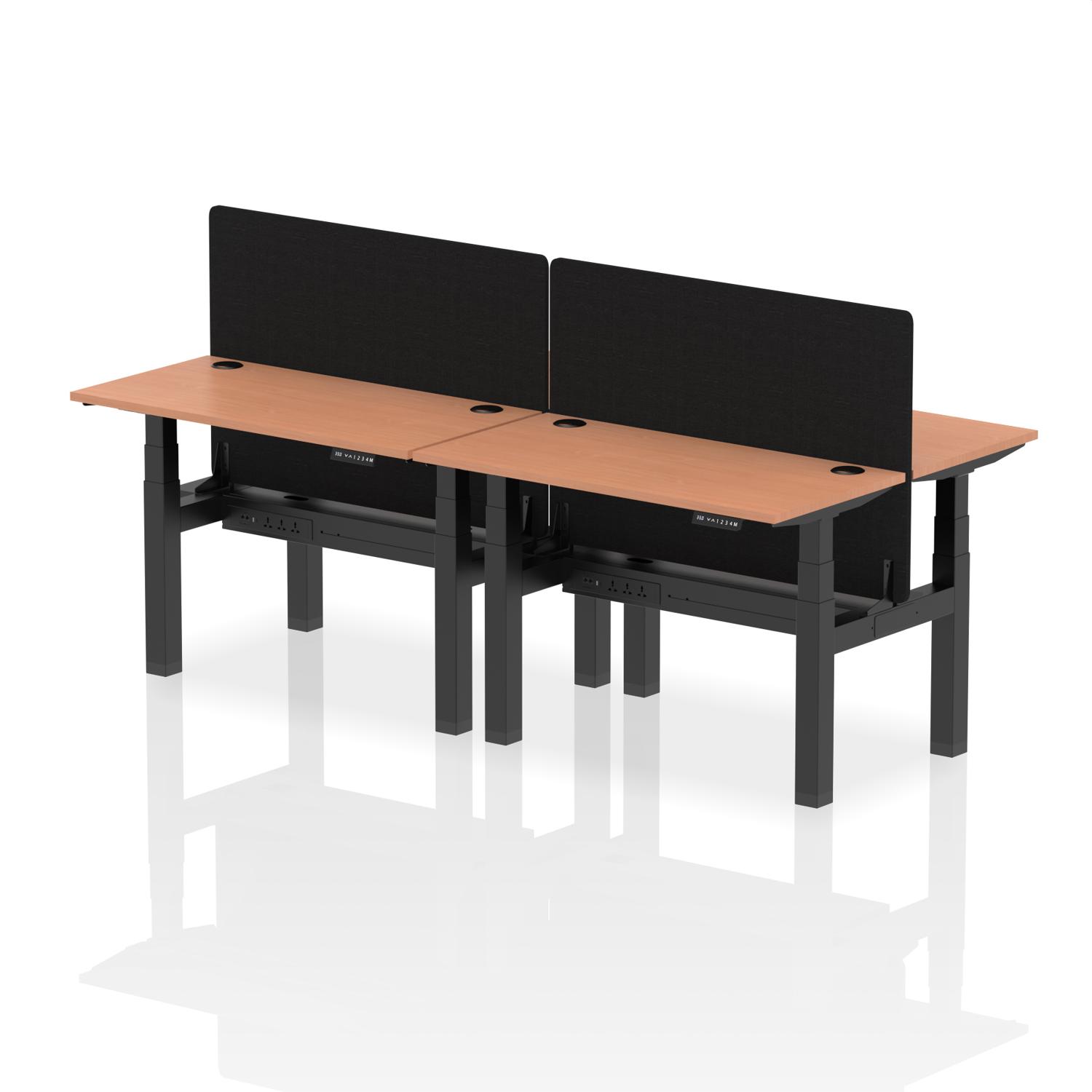 Air Back-to-Back 1200 x 600mm Height Adjustable 4 Person Office Bench Desk Beech Top with Cable Ports Black Frame with Black Straight Screen