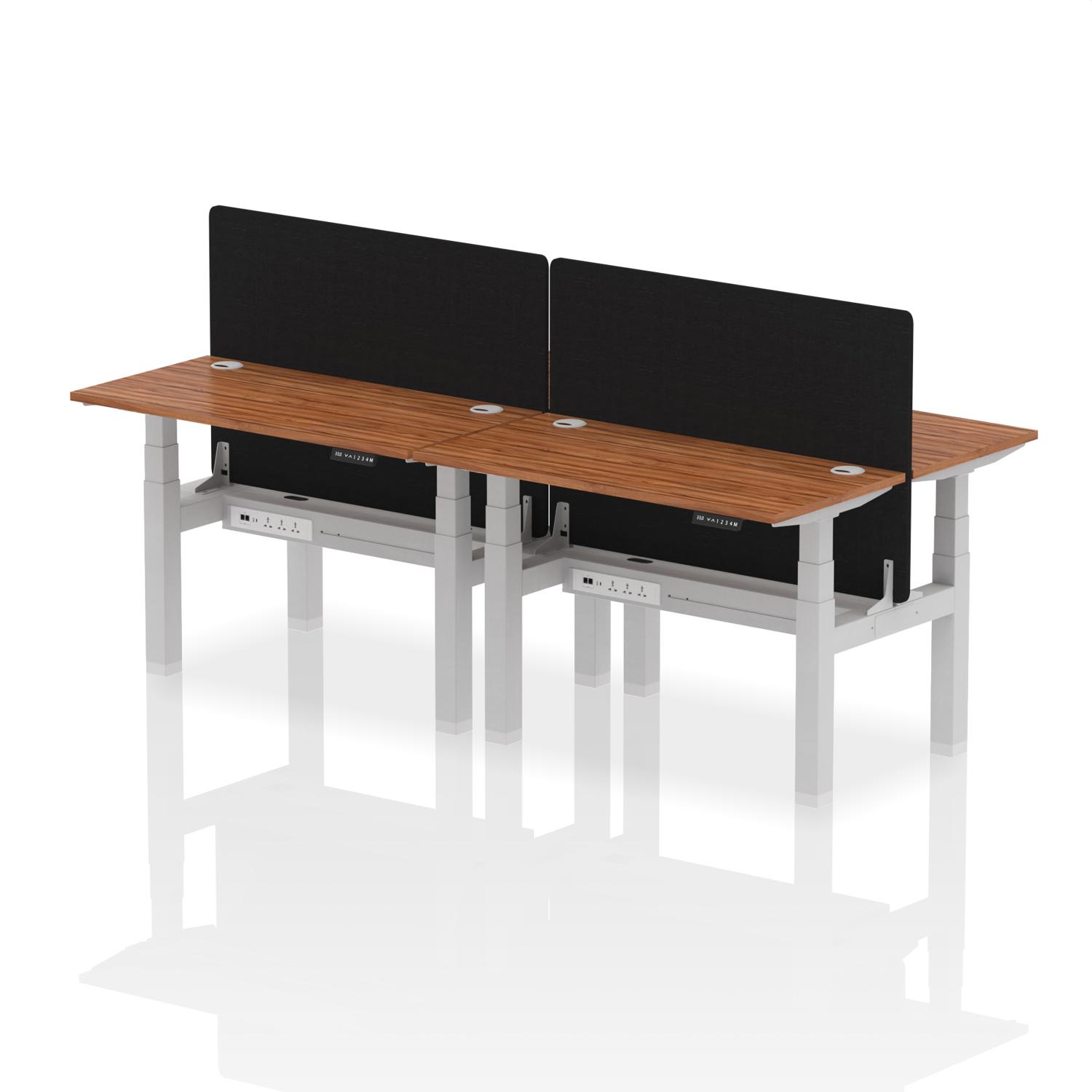 Air Back-to-Back 1200 x 600mm Height Adjustable 4 Person Office Bench Desk Walnut Top with Cable Ports Silver Frame with Black Straight Screen