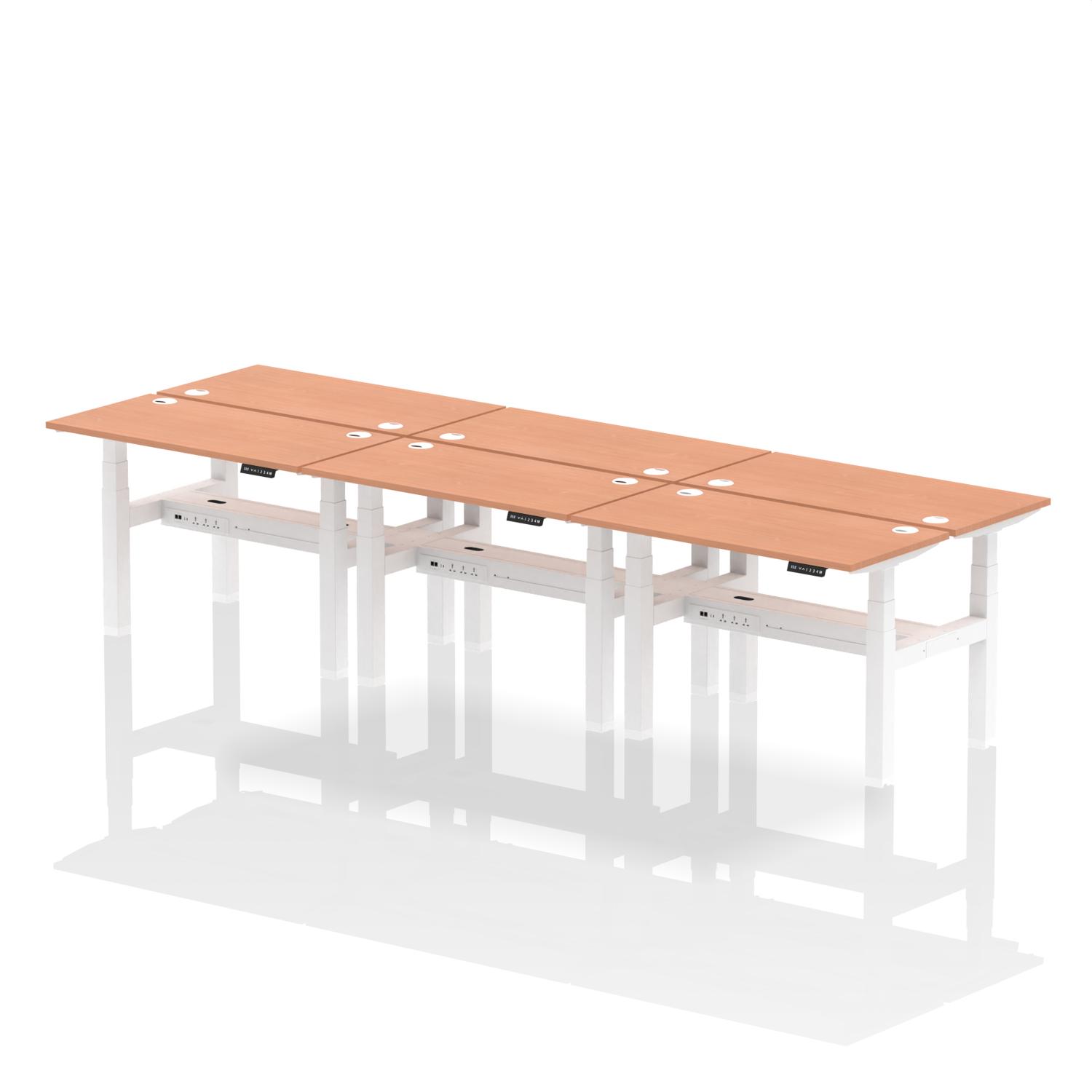 Air Back-to-Back 1200 x 600mm Height Adjustable 6 Person Office Bench Desk Beech Top with Cable Ports White Frame