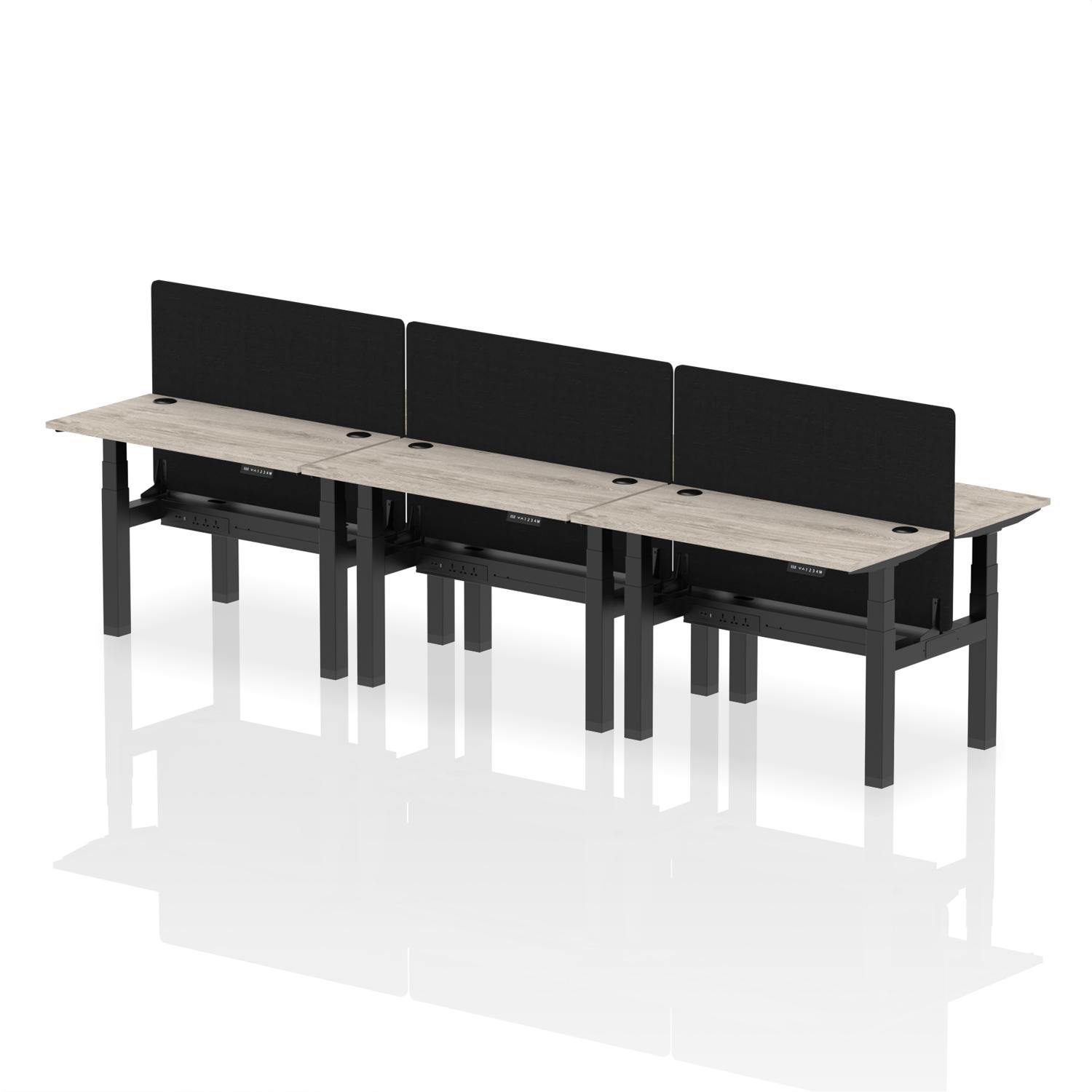 Air Back-to-Back 1200 x 600mm Height Adjustable 6 Person Office Bench Desk Grey Oak Top with Cable Ports Black Frame with Black Straight Screen