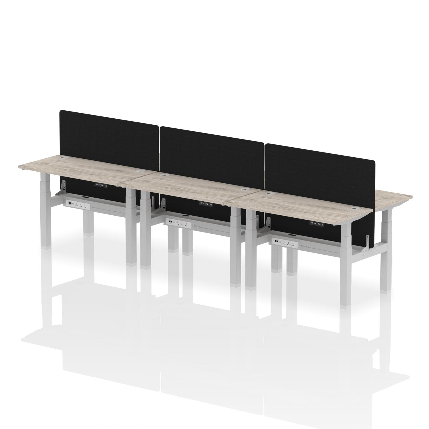 Air Back-to-Back 1200 x 600mm Height Adjustable 6 Person Office Bench Desk Grey Oak Top with Cable Ports Silver Frame with Black Straight Screen