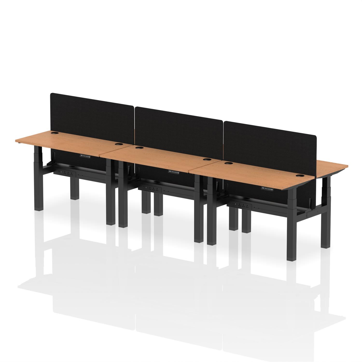 Air Back-to-Back 1200 x 600mm Height Adjustable 6 Person Office Bench Desk Oak Top with Cable Ports Black Frame with Black Straight Screen