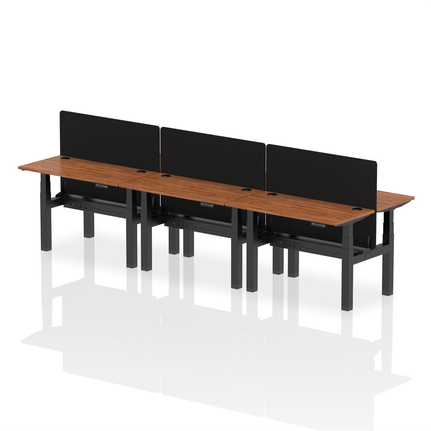 Air Back-to-Back 1200 x 600mm Height Adjustable 6 Person Office Bench Desk Walnut Top with Cable Ports Black Frame with Black Straight Screen
