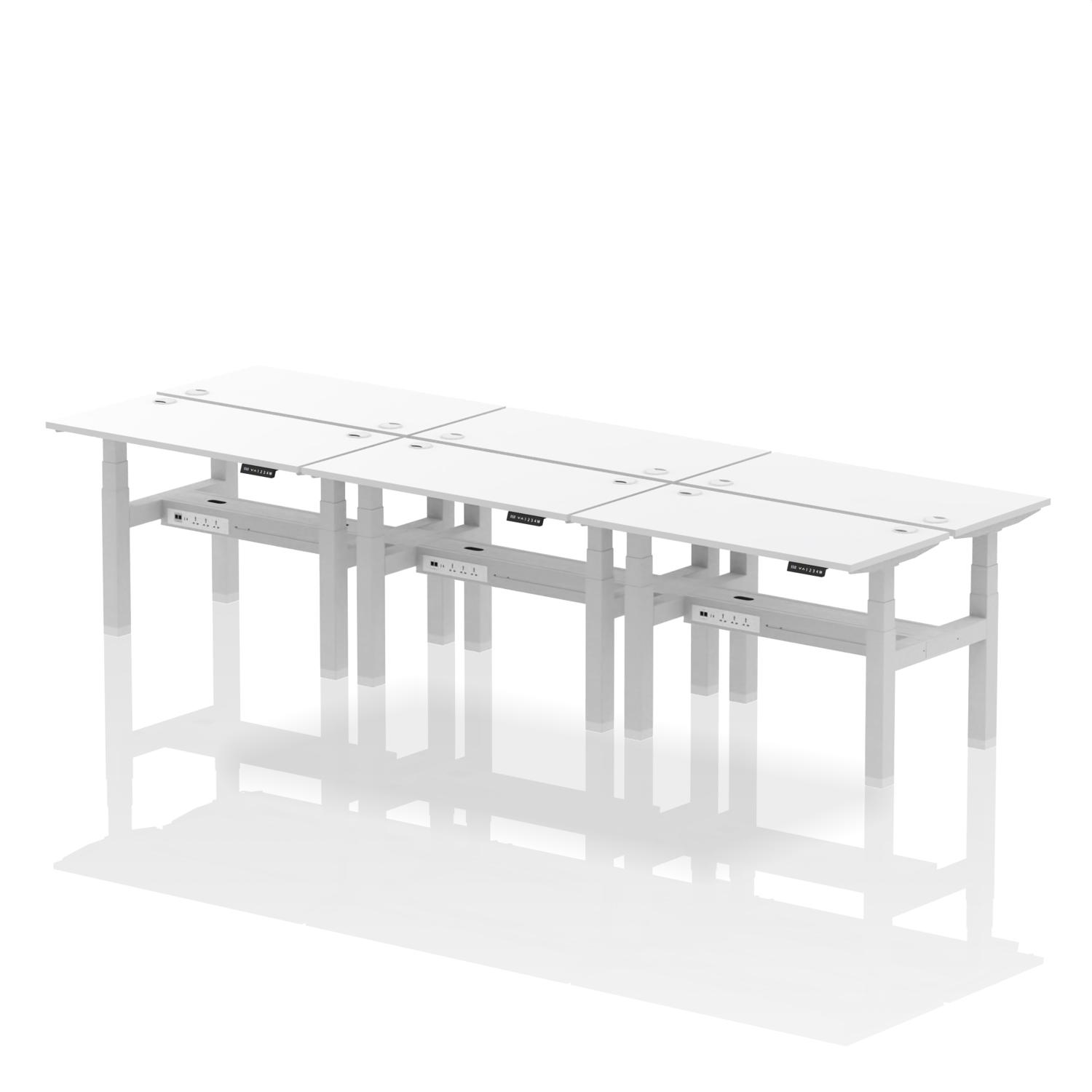 Air Back-to-Back 1200 x 600mm Height Adjustable 6 Person Office Bench Desk White Top with Cable Ports Silver Frame