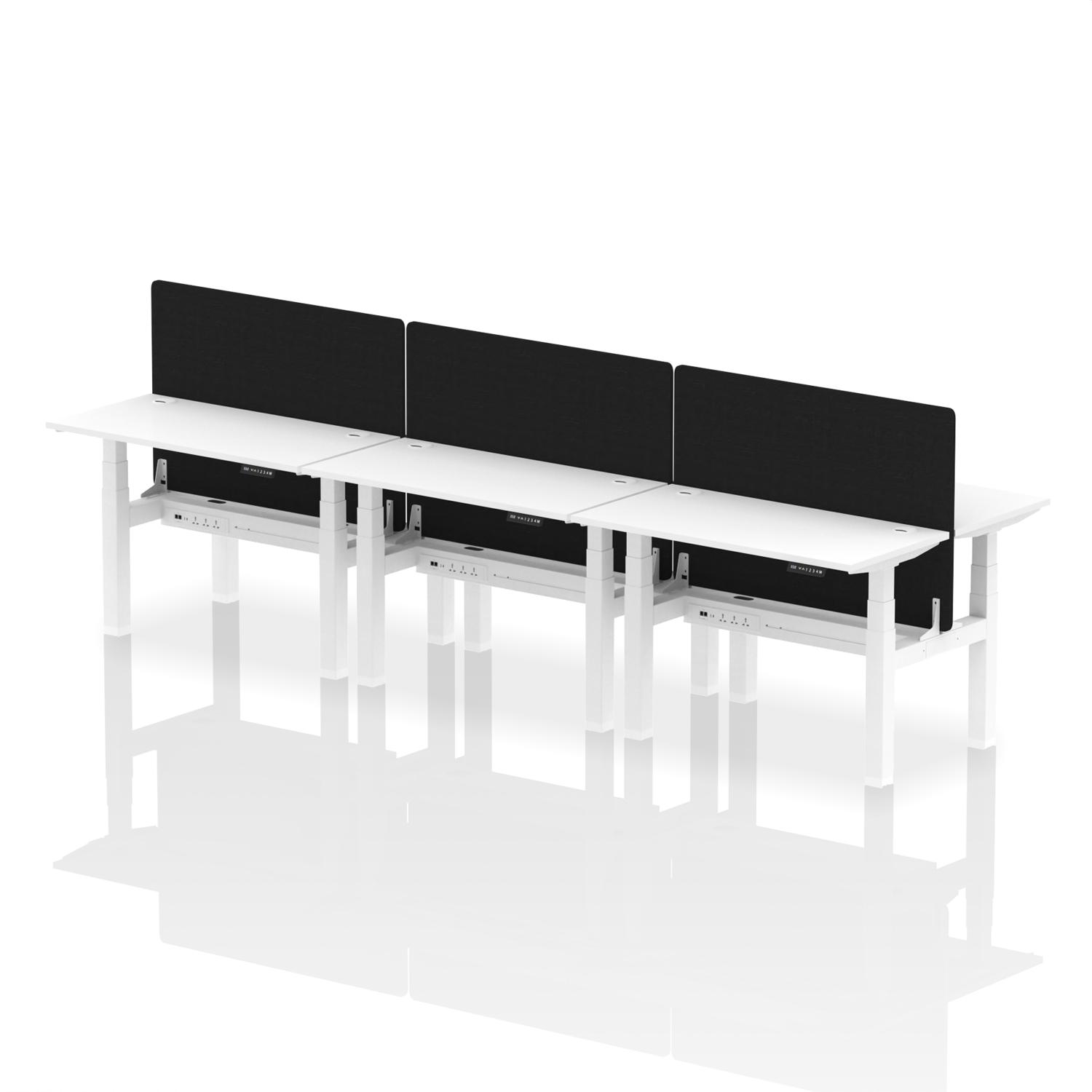 Air Back-to-Back 1200 x 600mm Height Adjustable 6 Person Office Bench Desk White Top with Cable Ports White Frame with Black Straight Screen
