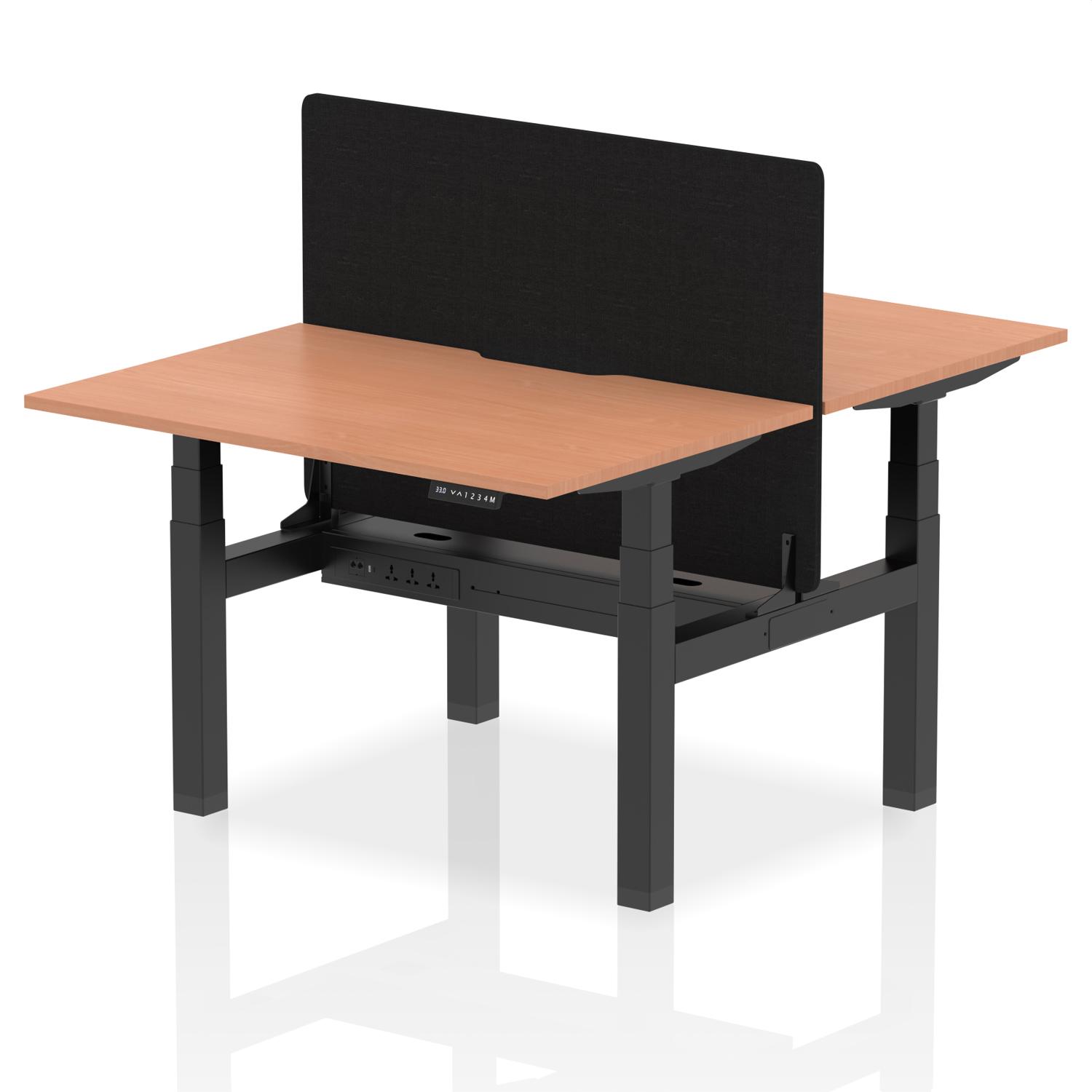 Air Back-to-Back 1200 x 800mm Height Adjustable 2 Person Office Bench Desk Beech Top with Scalloped Edge Black Frame with Black Straight Screen