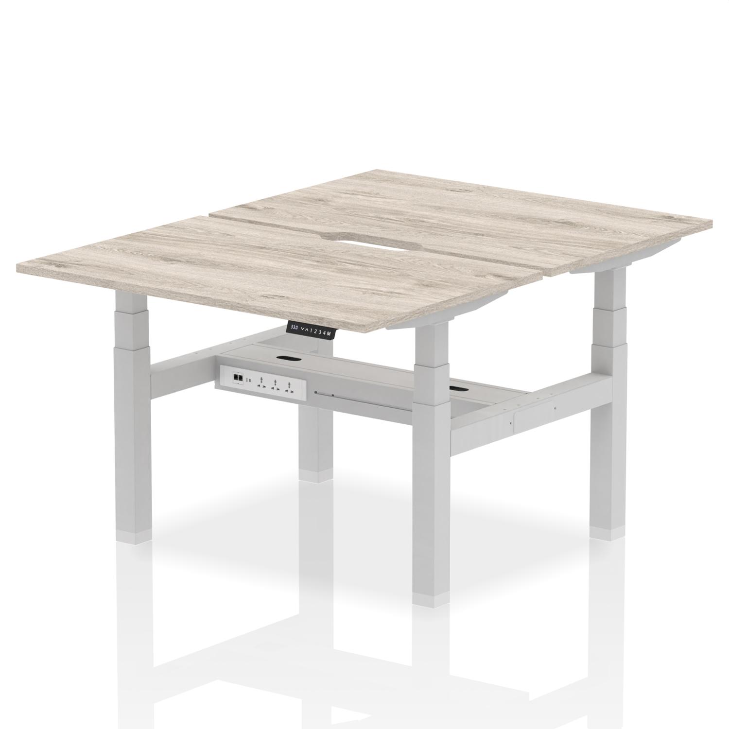 Air Back-to-Back 1200 x 800mm Height Adjustable 2 Person Office Bench Desk Grey Oak Top with Scalloped Edge Silver Frame