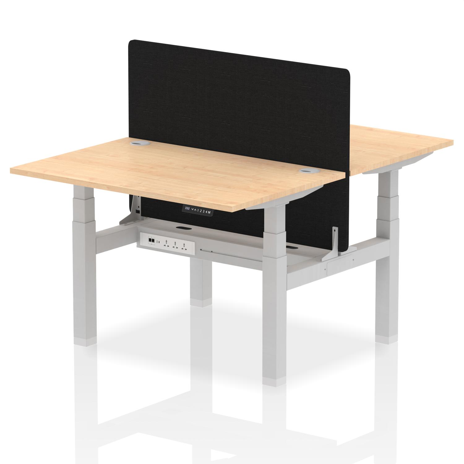 Air Back-to-Back 1200 x 800mm Height Adjustable 2 Person Office Bench Desk Maple Top with Cable Ports Silver Frame with Black Straight Screen