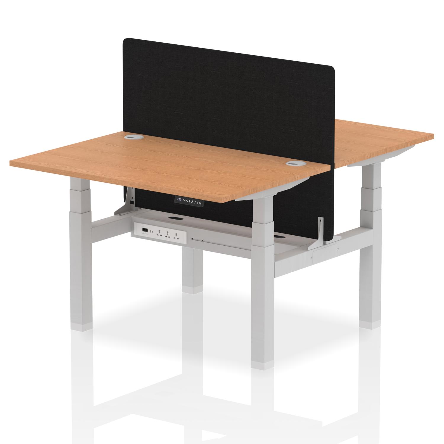 Air Back-to-Back 1200 x 800mm Height Adjustable 2 Person Office Bench Desk Oak Top with Cable Ports Silver Frame with Black Straight Screen