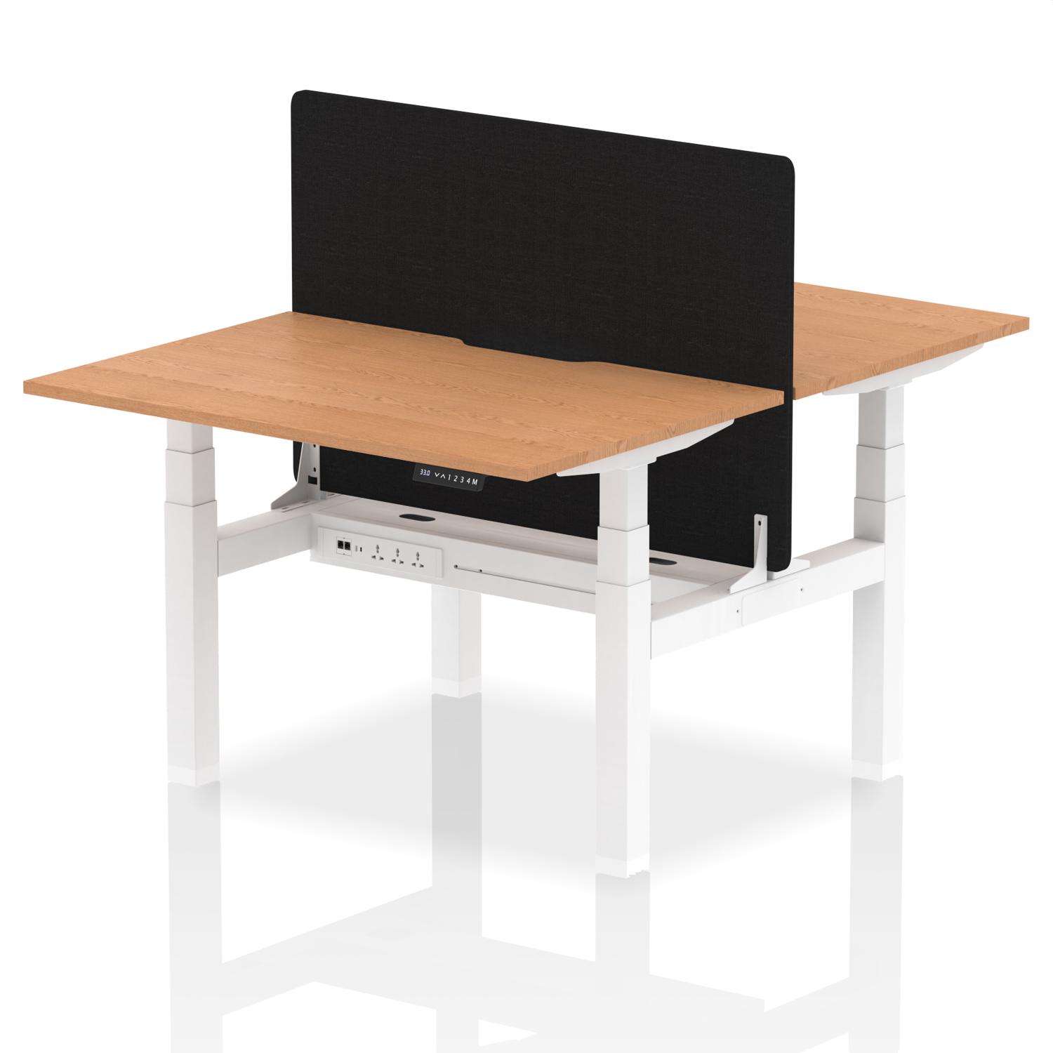Air Back-to-Back 1200 x 800mm Height Adjustable 2 Person Office Bench Desk Oak Top with Scalloped Edge White Frame with Black Straight Screen
