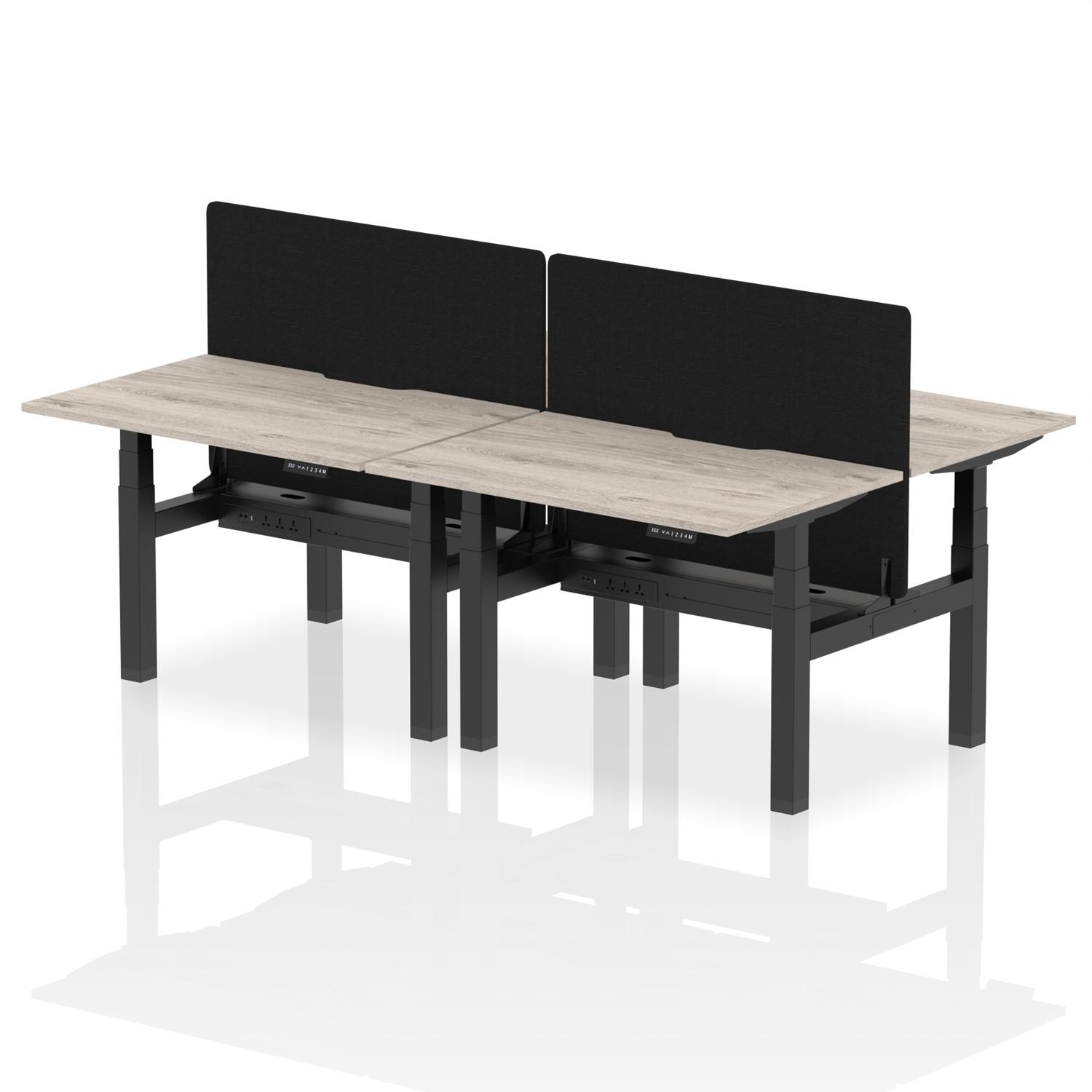 Air Back-to-Back 1200 x 800mm Height Adjustable 4 Person Office Bench Desk Grey Oak Top with Scalloped Edge Black Frame with Black Straight Screen