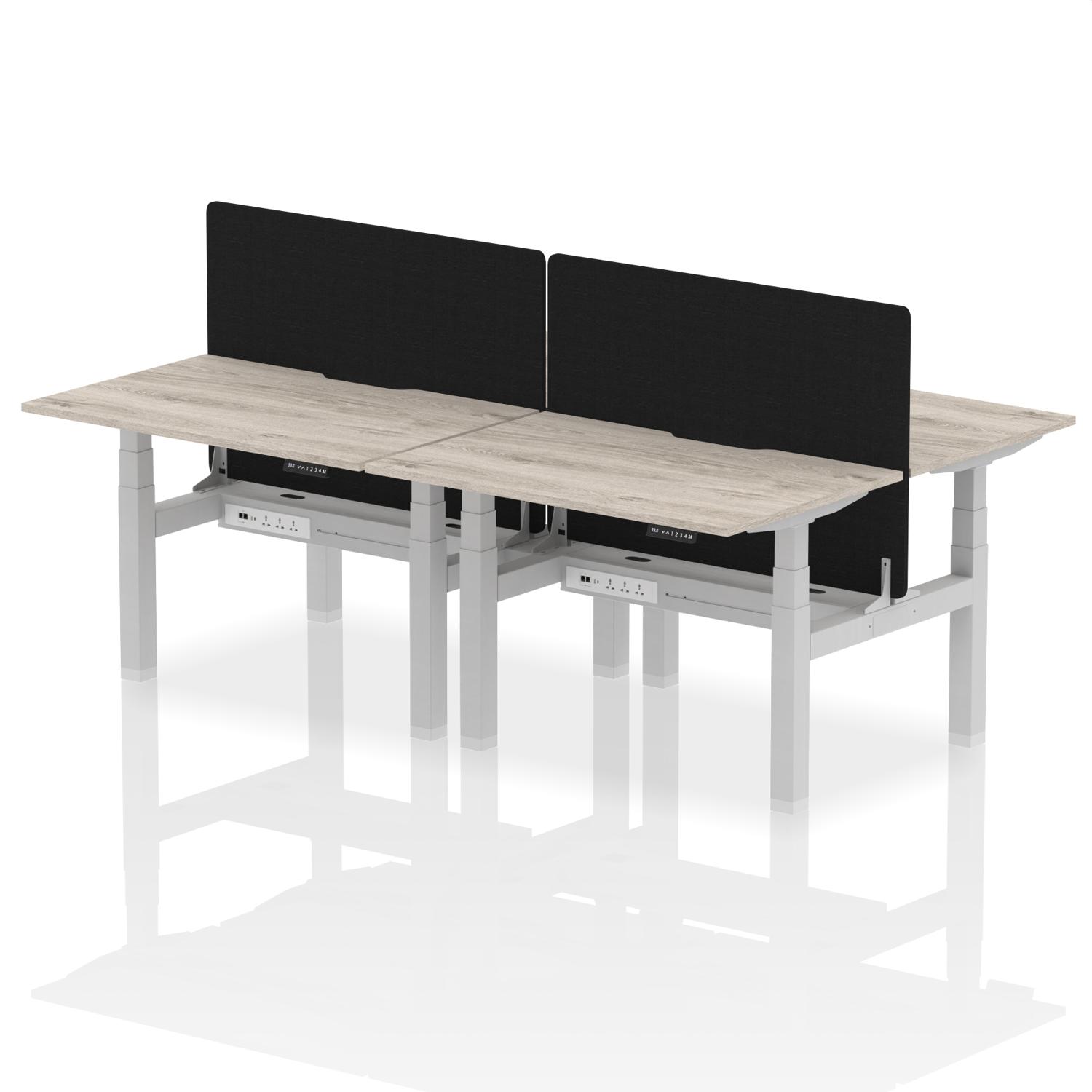 Air Back-to-Back 1200 x 800mm Height Adjustable 4 Person Office Bench Desk Grey Oak Top with Scalloped Edge Silver Frame with Black Straight Screen