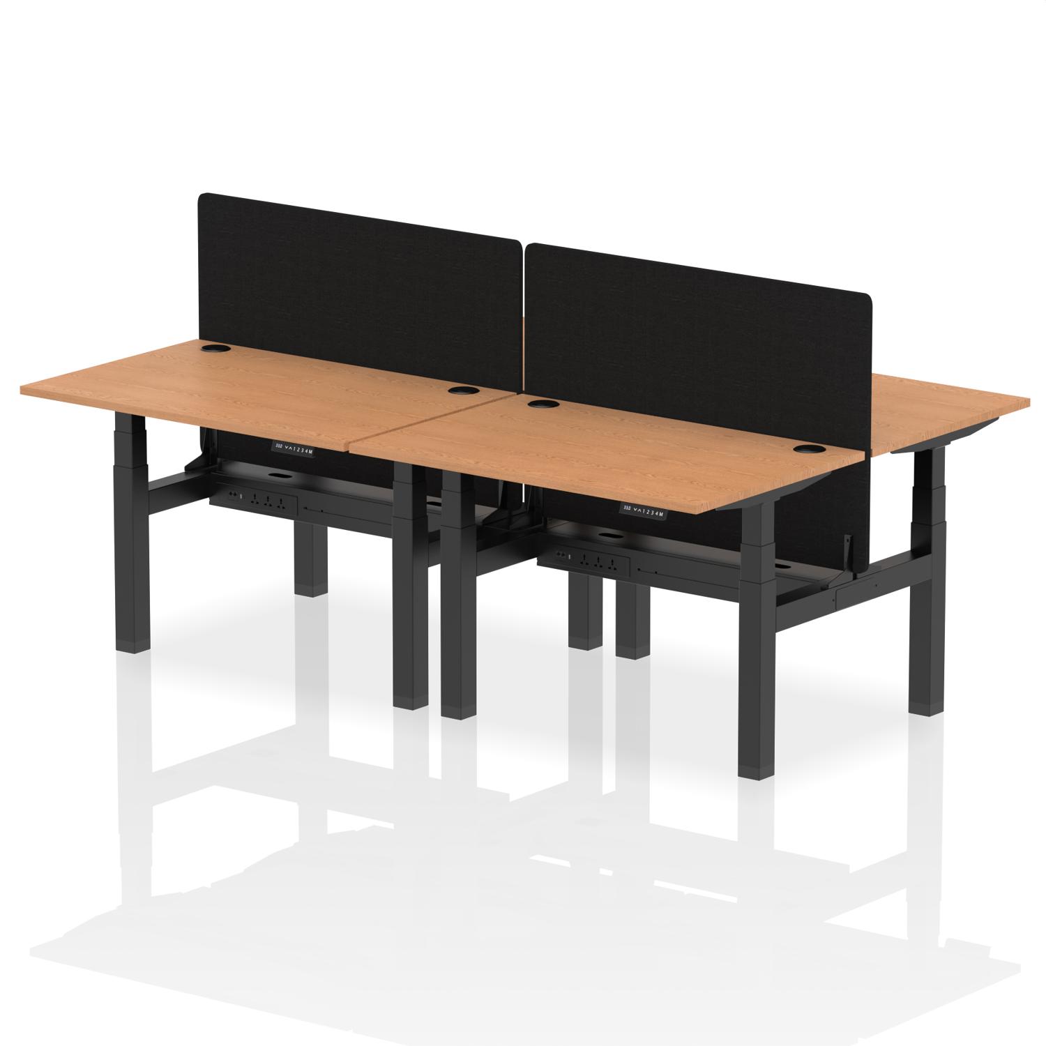 Air Back-to-Back 1200 x 800mm Height Adjustable 4 Person Office Bench Desk Oak Top with Cable Ports Black Frame with Black Straight Screen