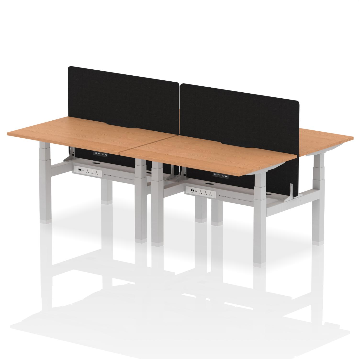 Air Back-to-Back 1200 x 800mm Height Adjustable 4 Person Office Bench Desk Oak Top with Scalloped Edge Silver Frame with Black Straight Screen
