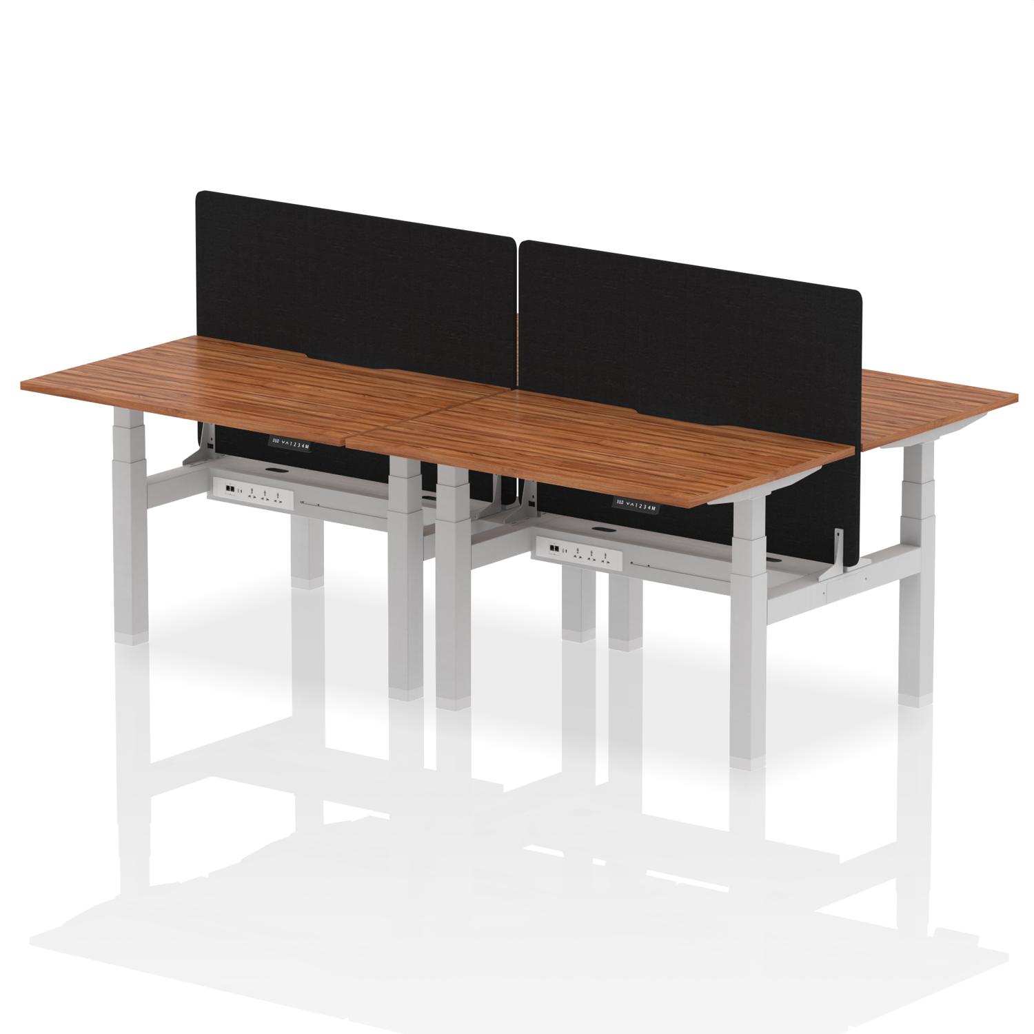 Air Back-to-Back 1200 x 800mm Height Adjustable 4 Person Office Bench Desk Walnut Top with Scalloped Edge Silver Frame with Black Straight Screen