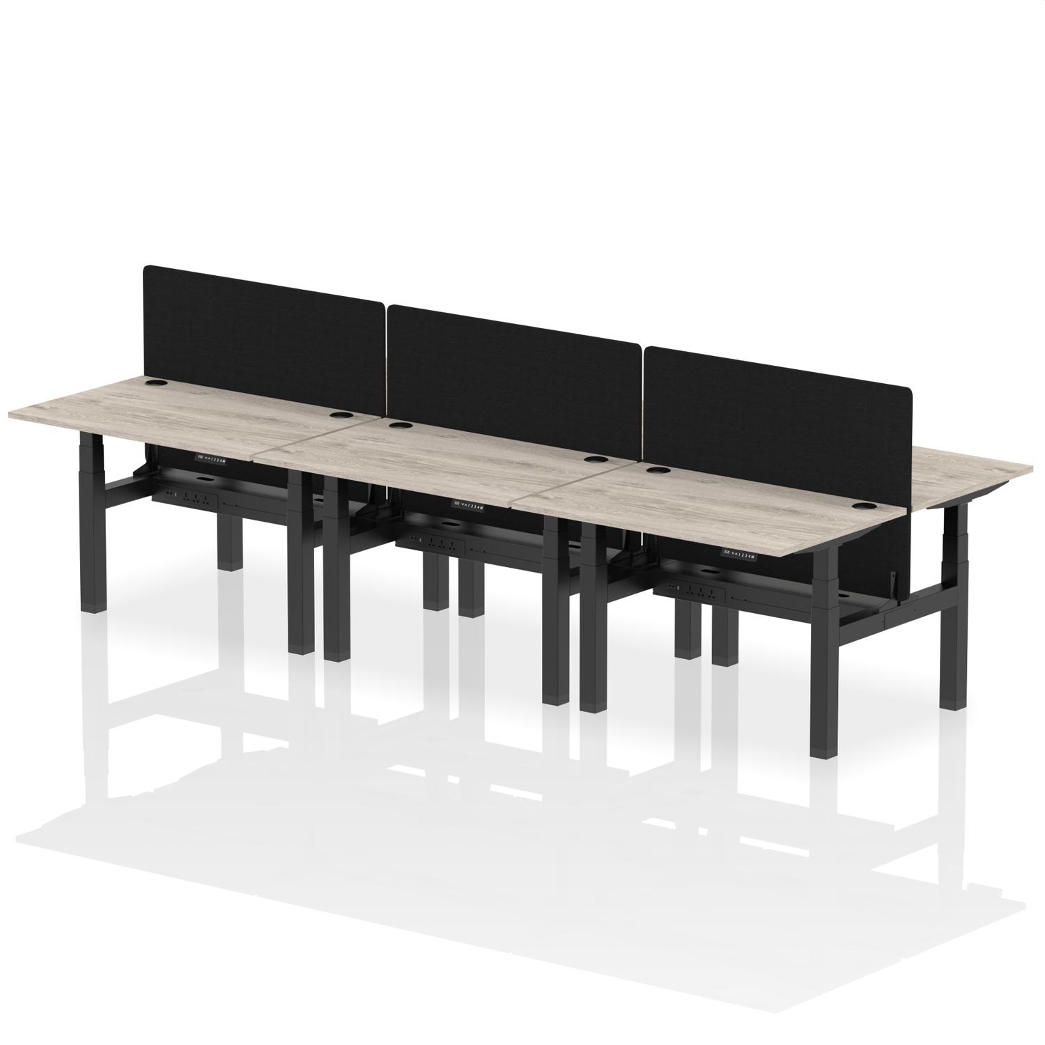 Air Back-to-Back 1200 x 800mm Height Adjustable 6 Person Office Bench Desk Grey Oak Top with Cable Ports Black Frame with Black Straight Screen