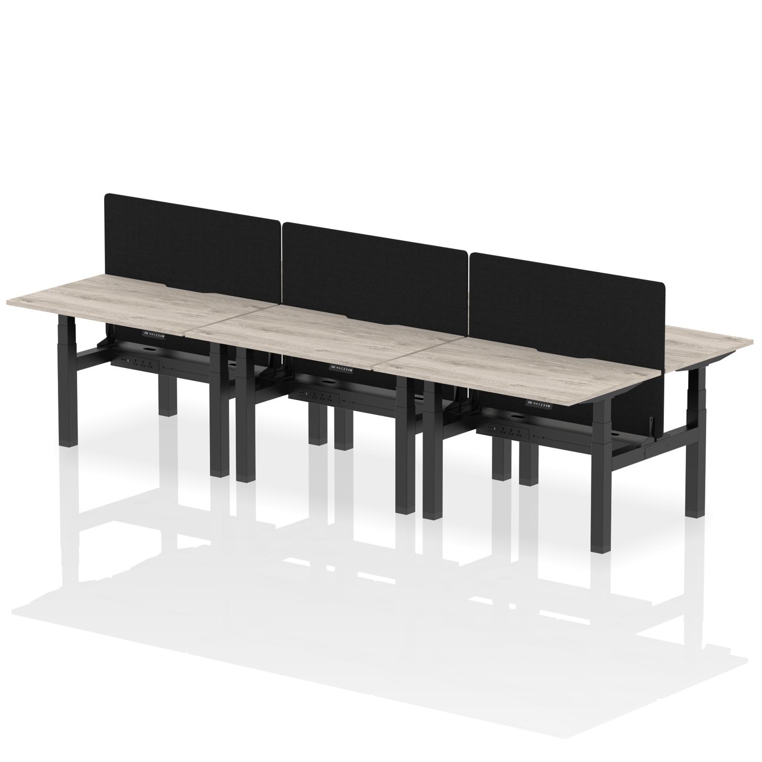Air Back-to-Back 1200 x 800mm Height Adjustable 6 Person Office Bench Desk Grey Oak Top with Scalloped Edge Black Frame with Black Straight Screen