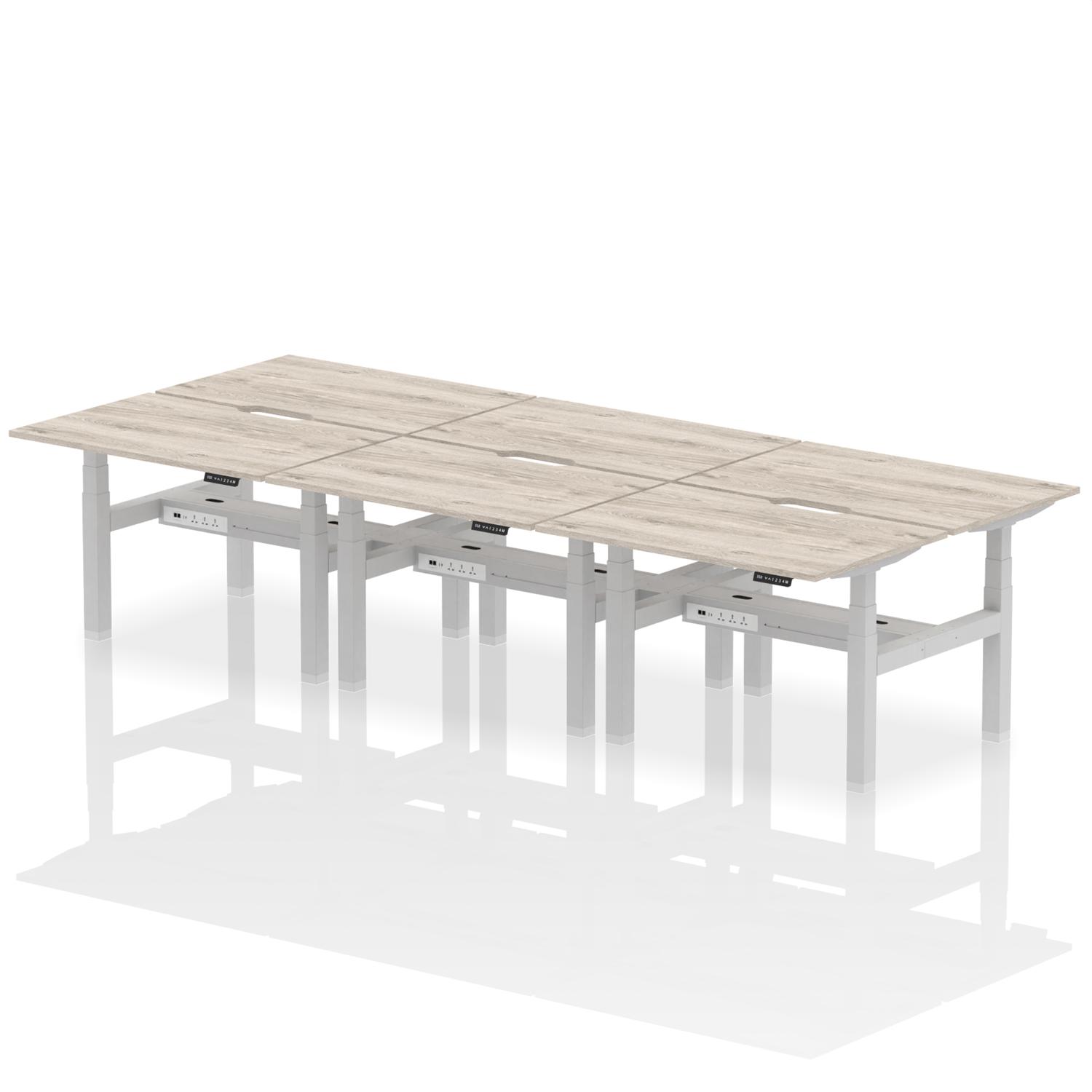 Air Back-to-Back 1200 x 800mm Height Adjustable 6 Person Office Bench Desk Grey Oak Top with Scalloped Edge Silver Frame