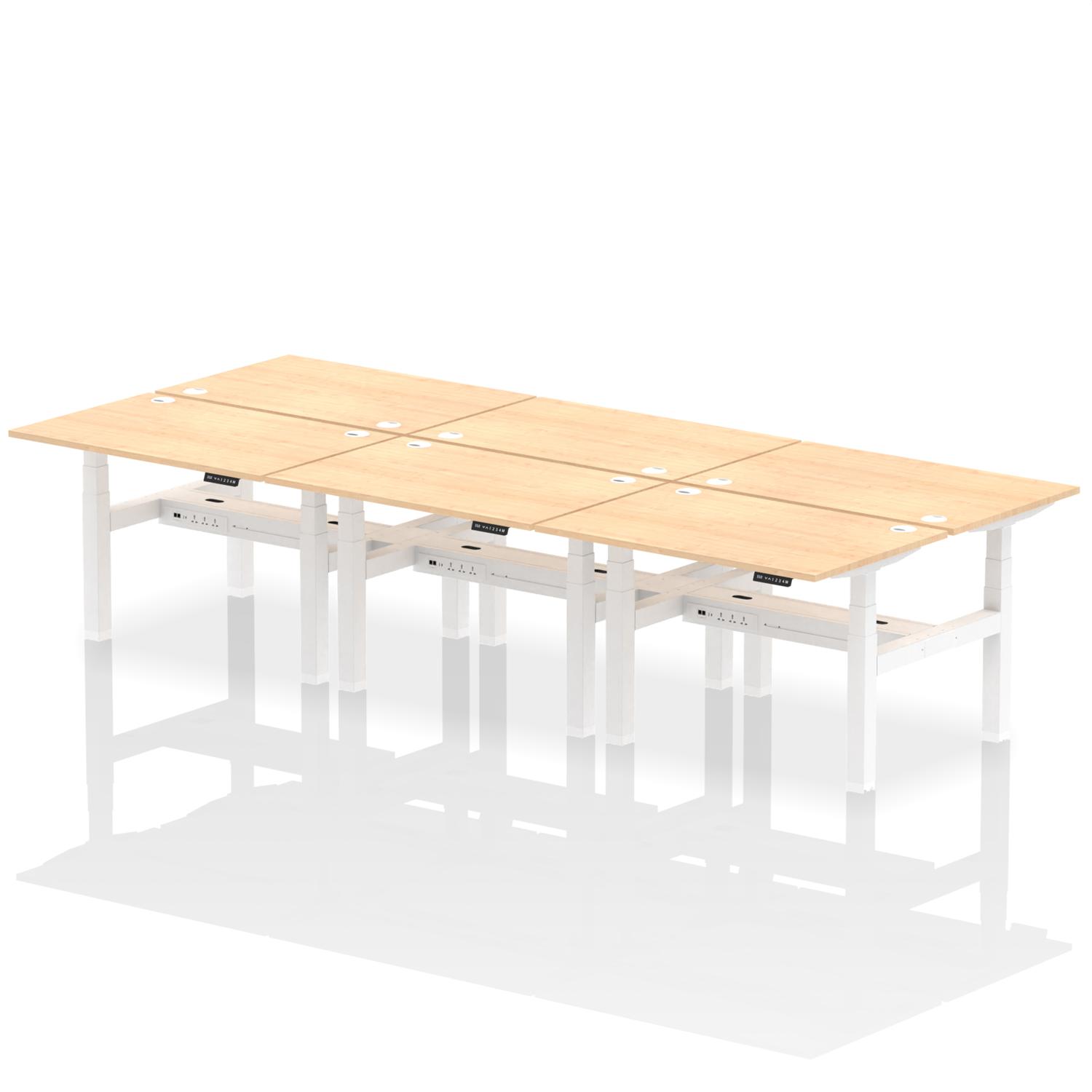 Air Back-to-Back 1200 x 800mm Height Adjustable 6 Person Office Bench Desk Maple Top with Cable Ports White Frame