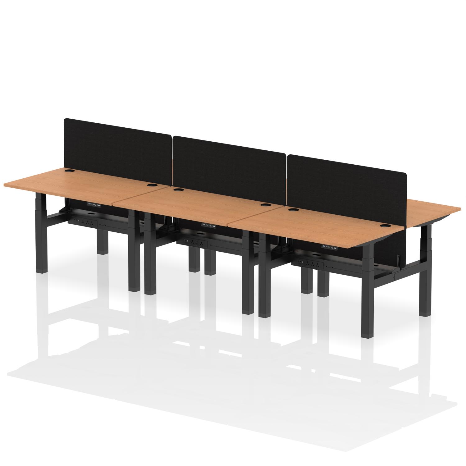 Air Back-to-Back 1200 x 800mm Height Adjustable 6 Person Office Bench Desk Oak Top with Cable Ports Black Frame with Black Straight Screen