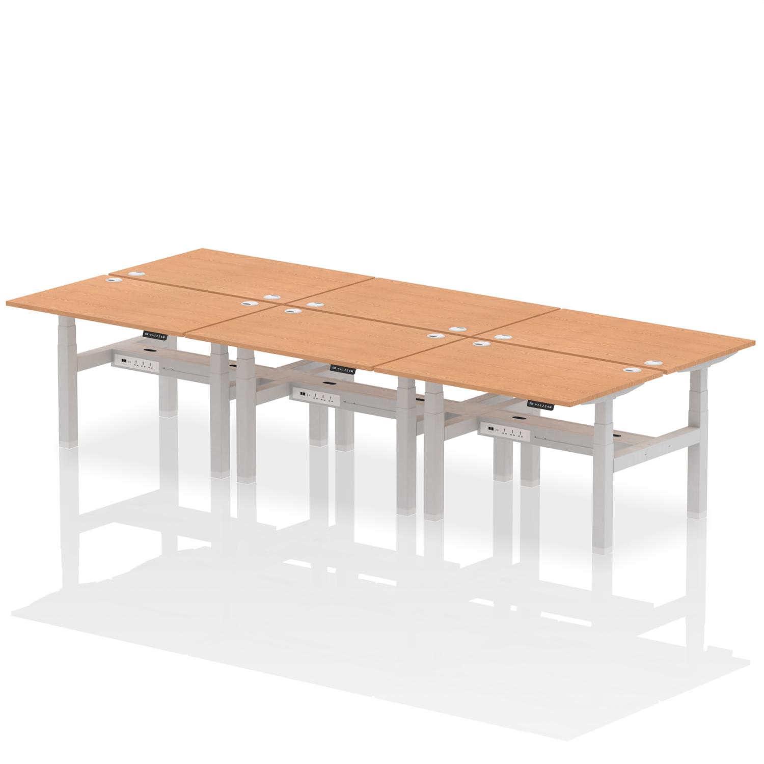 Air Back-to-Back 1200 x 800mm Height Adjustable 6 Person Office Bench Desk Oak Top with Cable Ports Silver Frame