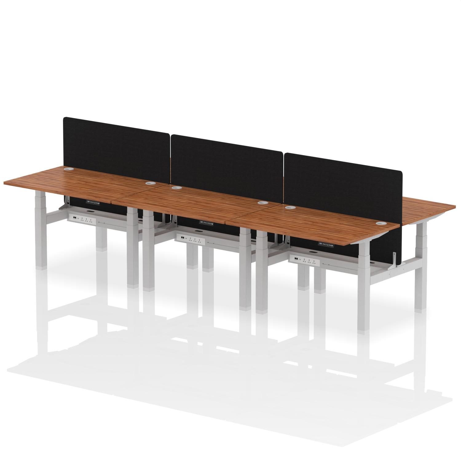 Air Back-to-Back 1200 x 800mm Height Adjustable 6 Person Office Bench Desk Walnut Top with Cable Ports Silver Frame with Black Straight Screen