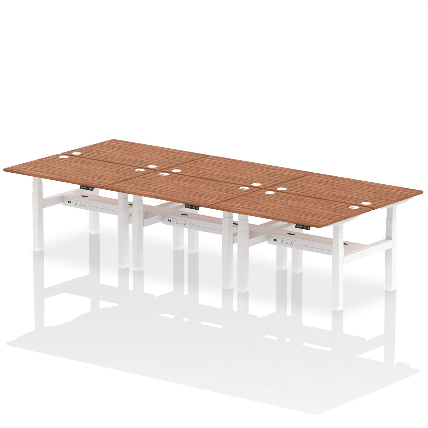 Air Back-to-Back 1200 x 800mm Height Adjustable 6 Person Office Bench Desk Walnut Top with Cable Ports White Frame