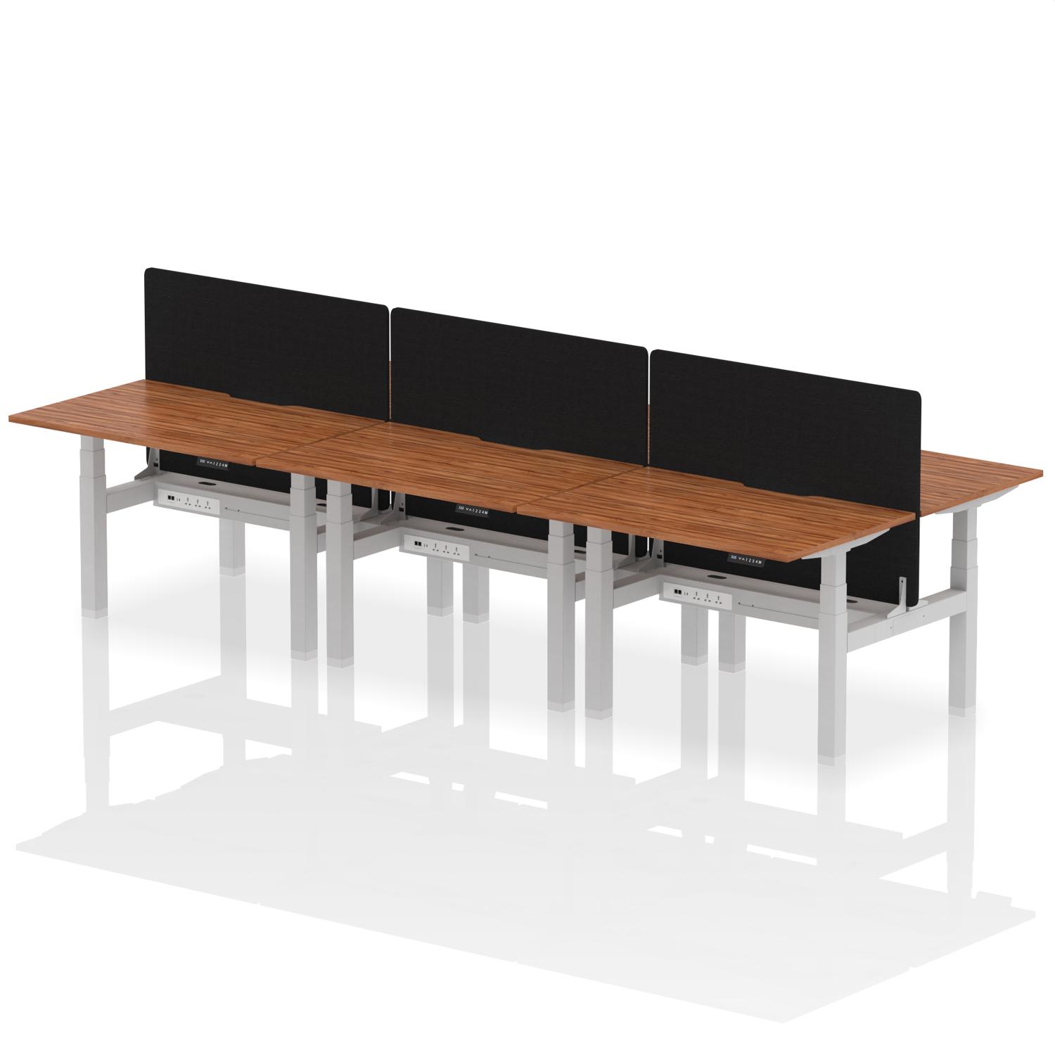 Air Back-to-Back 1200 x 800mm Height Adjustable 6 Person Office Bench Desk Walnut Top with Scalloped Edge Silver Frame with Black Straight Screen