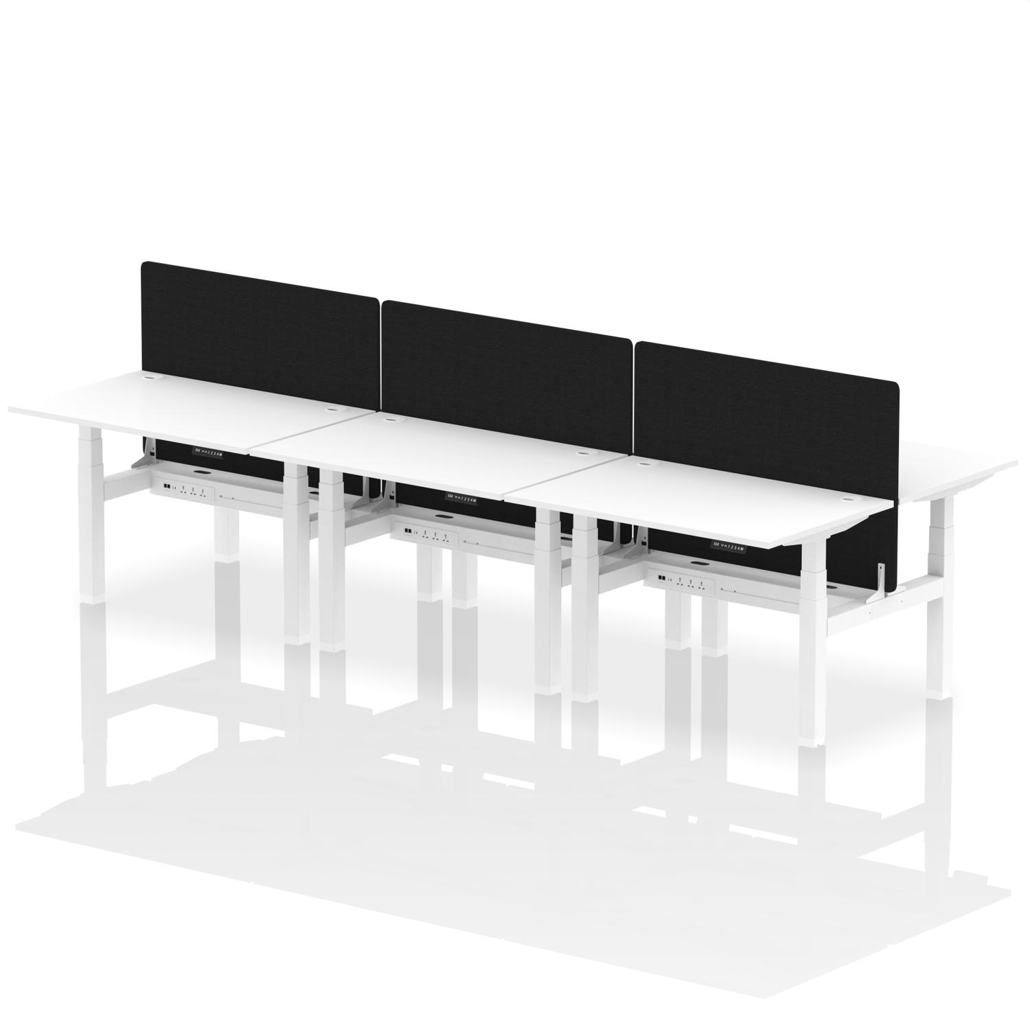Air Back-to-Back 1200 x 800mm Height Adjustable 6 Person Office Bench Desk White Top with Cable Ports White Frame with Black Straight Screen