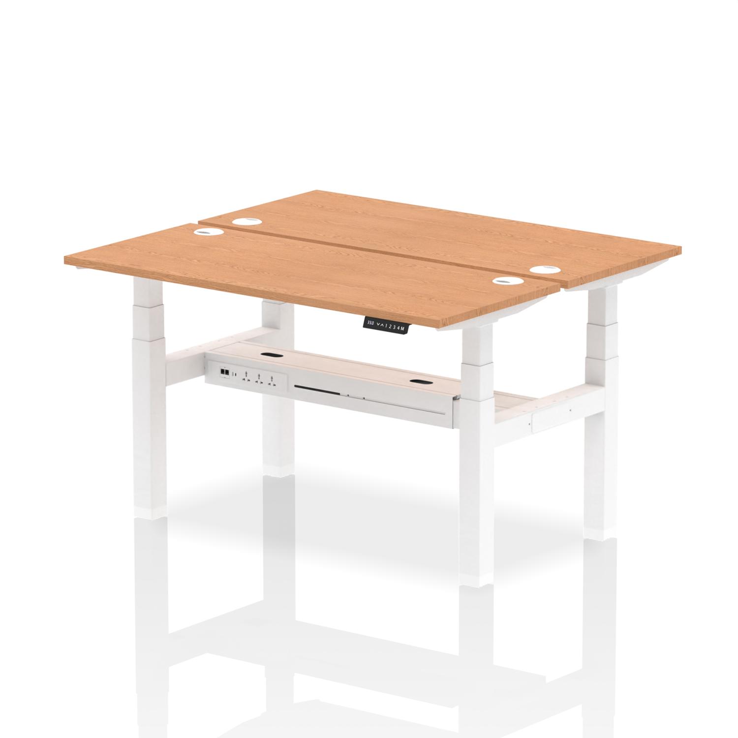 Air Back-to-Back 1400 x 600mm Height Adjustable 2 Person Office Bench Desk Oak Top with Cable Ports White Frame