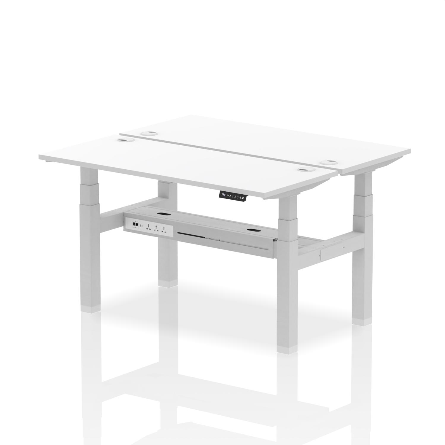Air Back-to-Back 1400 x 600mm Height Adjustable 2 Person Office Bench Desk White Top with Cable Ports Silver Frame