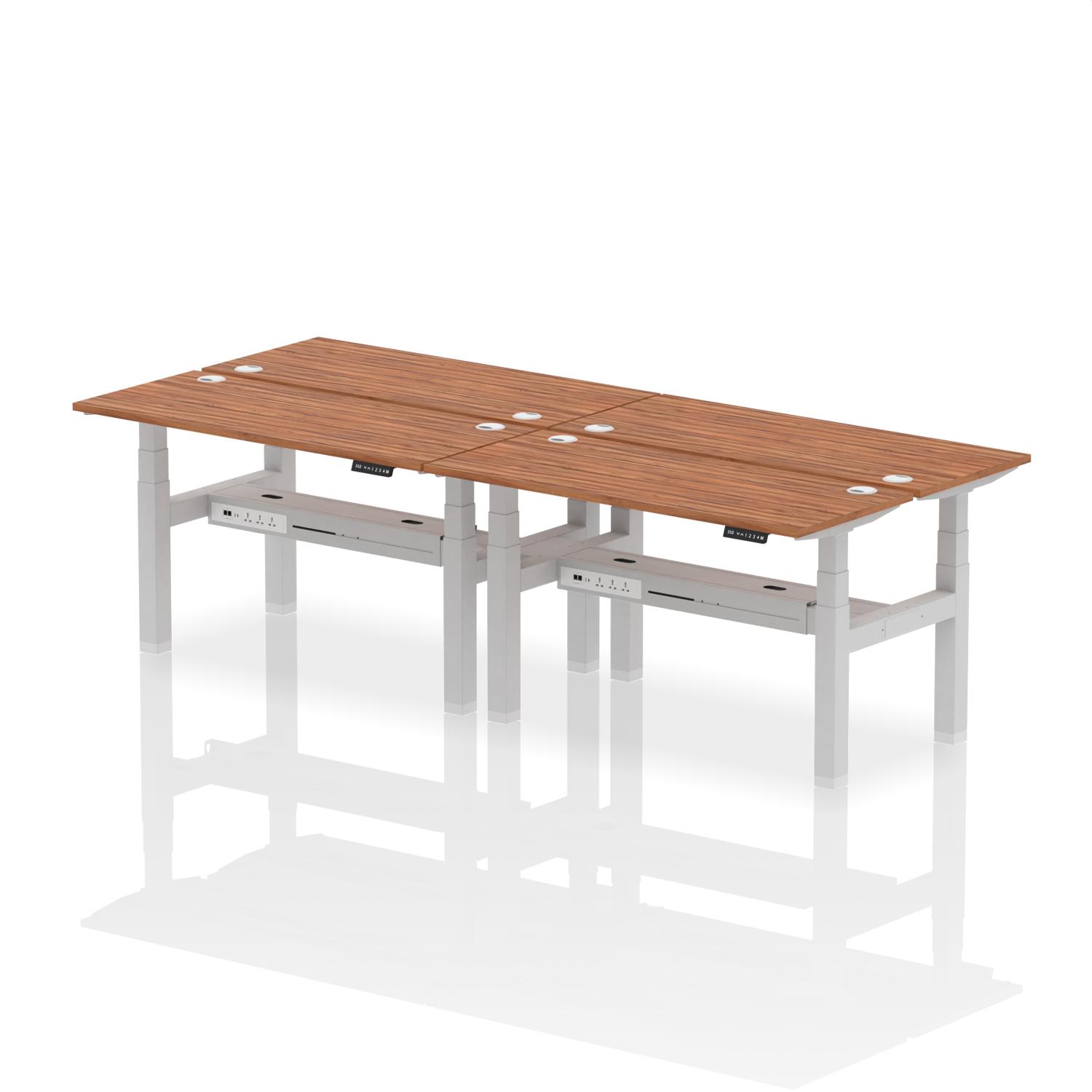 Air Back-to-Back 1400 x 600mm Height Adjustable 4 Person Office Bench Desk Walnut Top with Cable Ports Silver Frame
